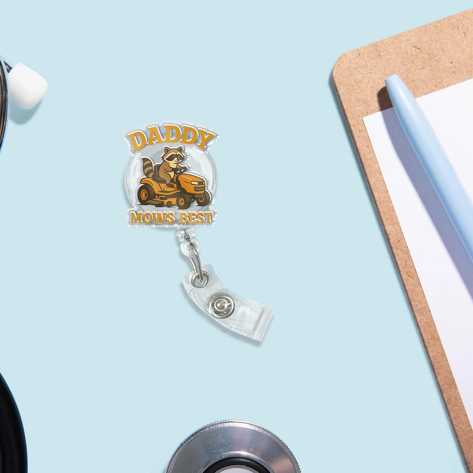 Funny Raccoon Daddy Mows Best Badge Reel, Cute Animal Lawnmower ID Holder, Retractable Gift for Dad, Father's Day, Gardener Gift Idea