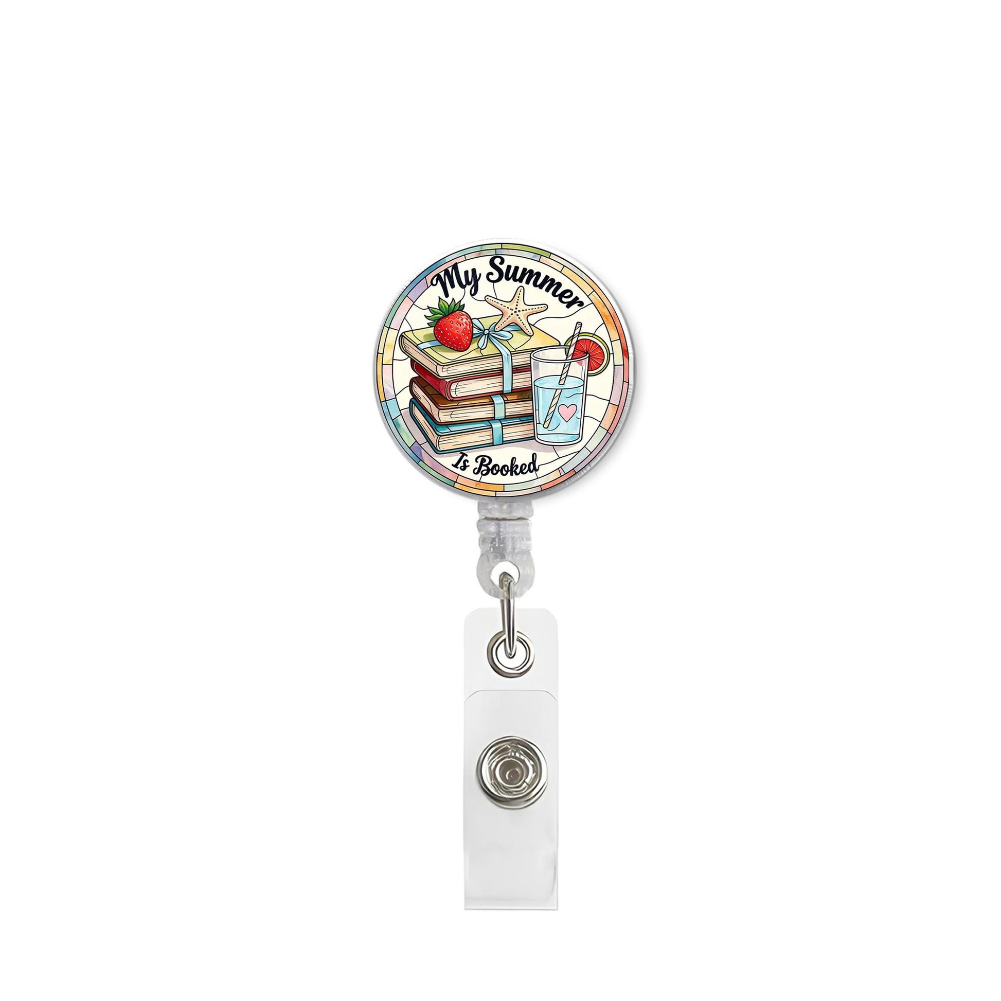 My Summer Is Booked Badge Reel - Beach Reads, Stacked Books & Starfish - Cute Retractable ID Holder for Teachers, Librarians, Book Lovers