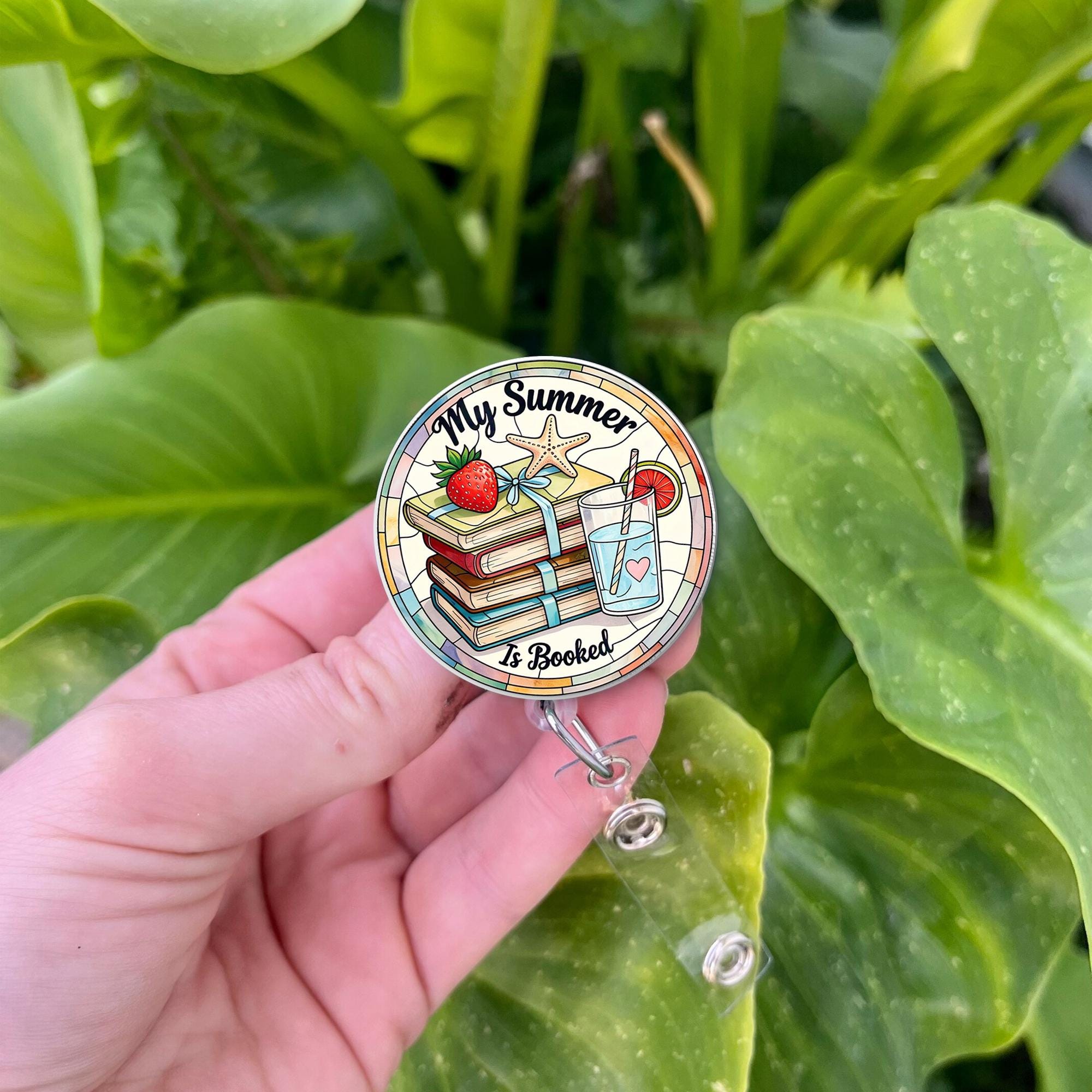 My Summer Is Booked Badge Reel - Beach Reads, Stacked Books & Starfish - Cute Retractable ID Holder for Teachers, Librarians, Book Lovers
