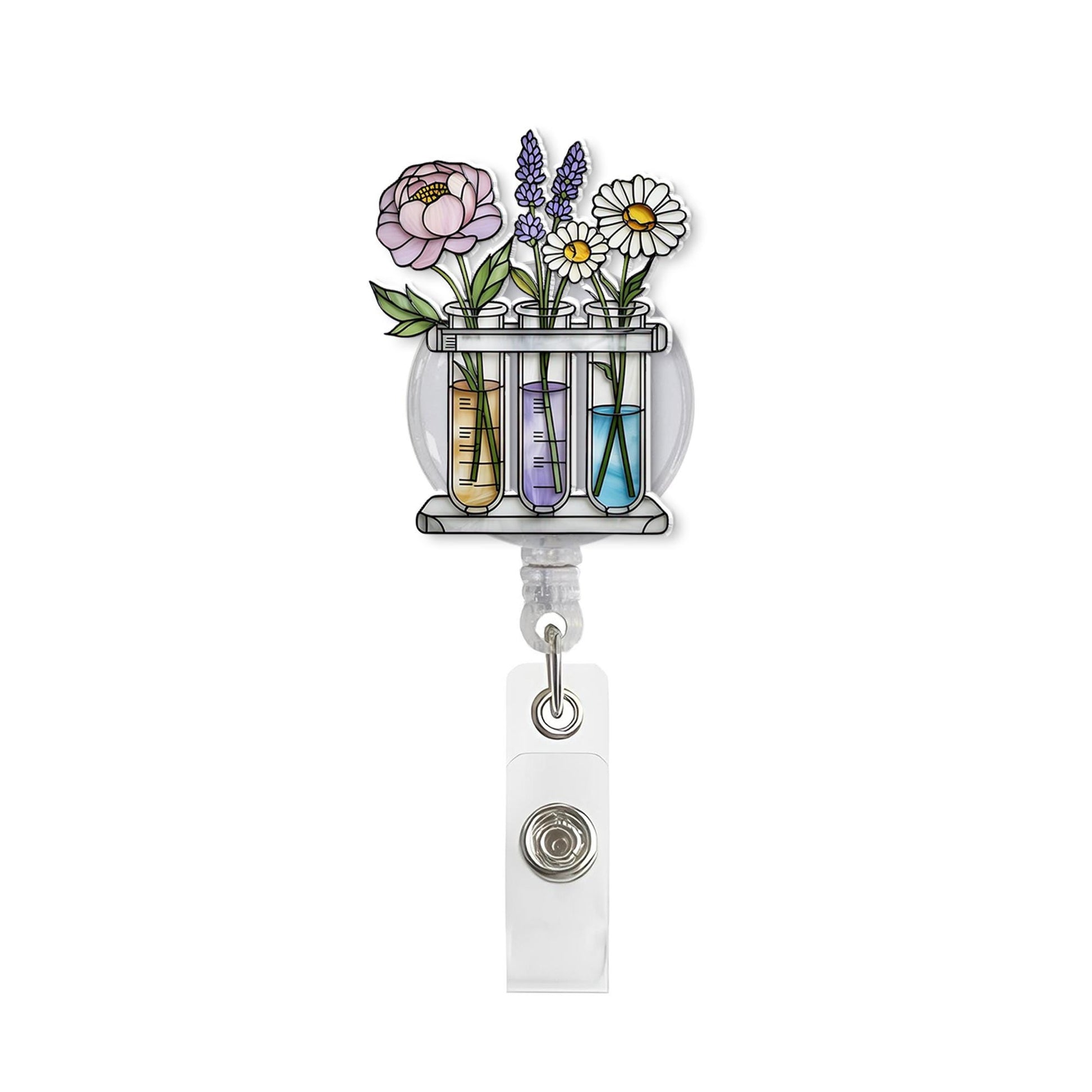 Floral Science Badge Reel, Test Tube Flowers Retractable ID Holder, Botanical Lab Tech Gift, Nurse Doctor Student Badge Clip, Spring Flowers