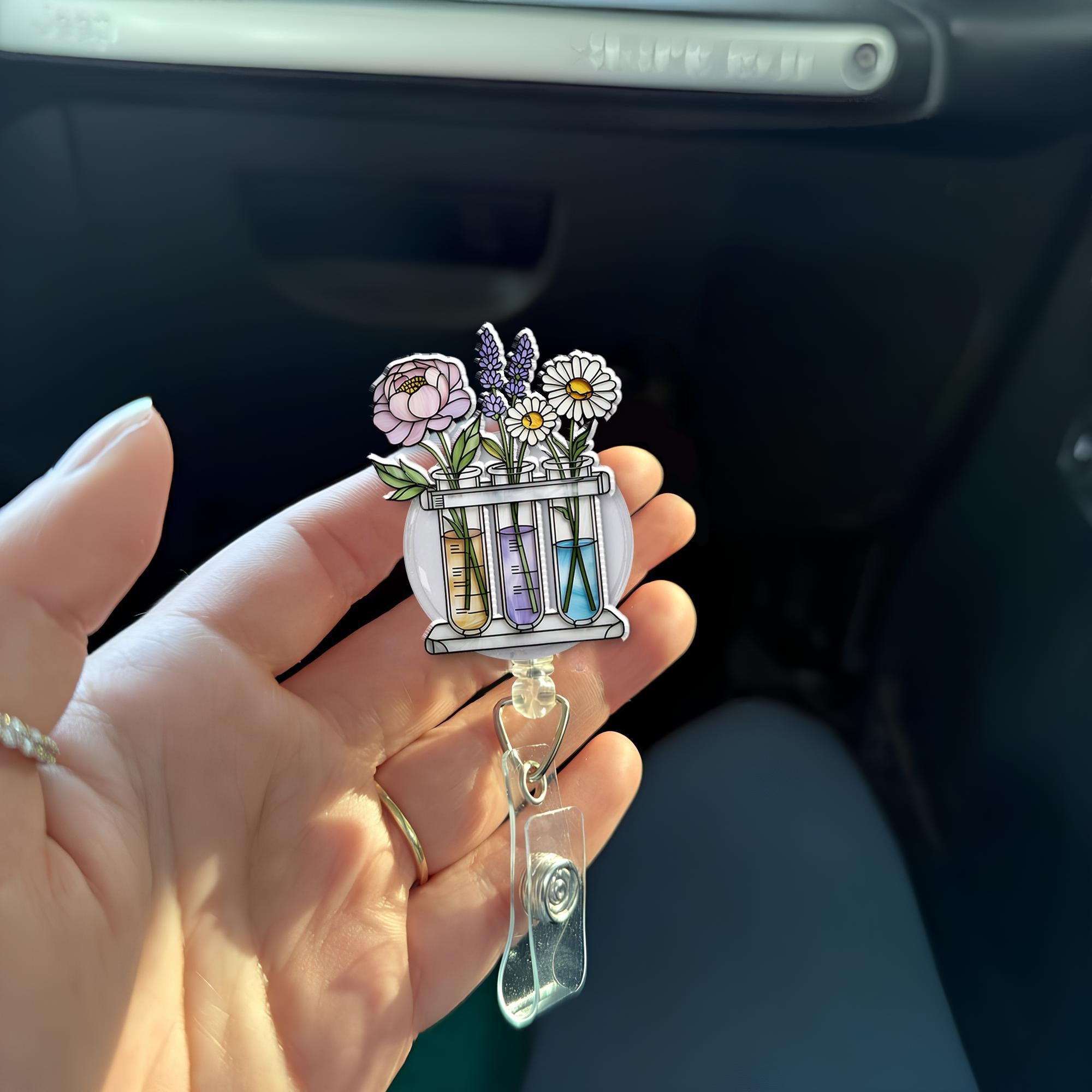 Floral Science Badge Reel, Test Tube Flowers Retractable ID Holder, Botanical Lab Tech Gift, Nurse Doctor Student Badge Clip, Spring Flowers