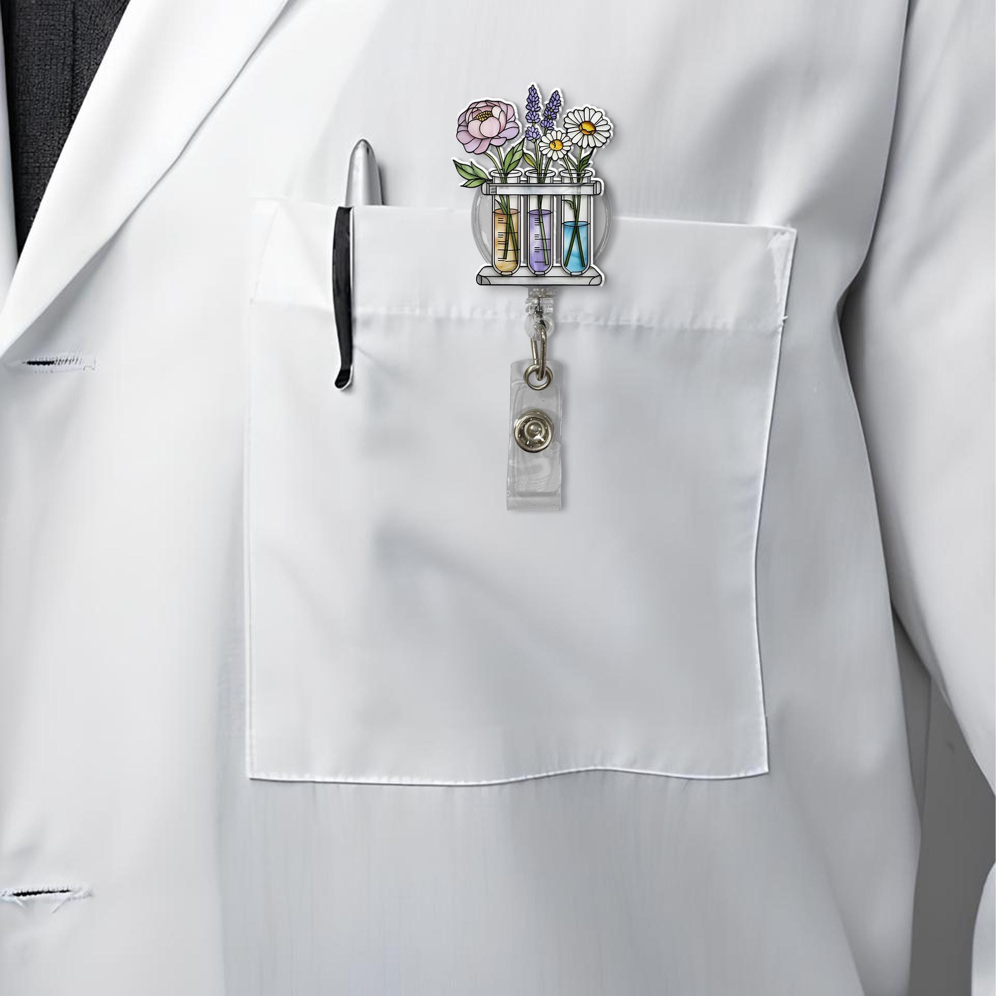 Floral Science Badge Reel, Test Tube Flowers Retractable ID Holder, Botanical Lab Tech Gift, Nurse Doctor Student Badge Clip, Spring Flowers