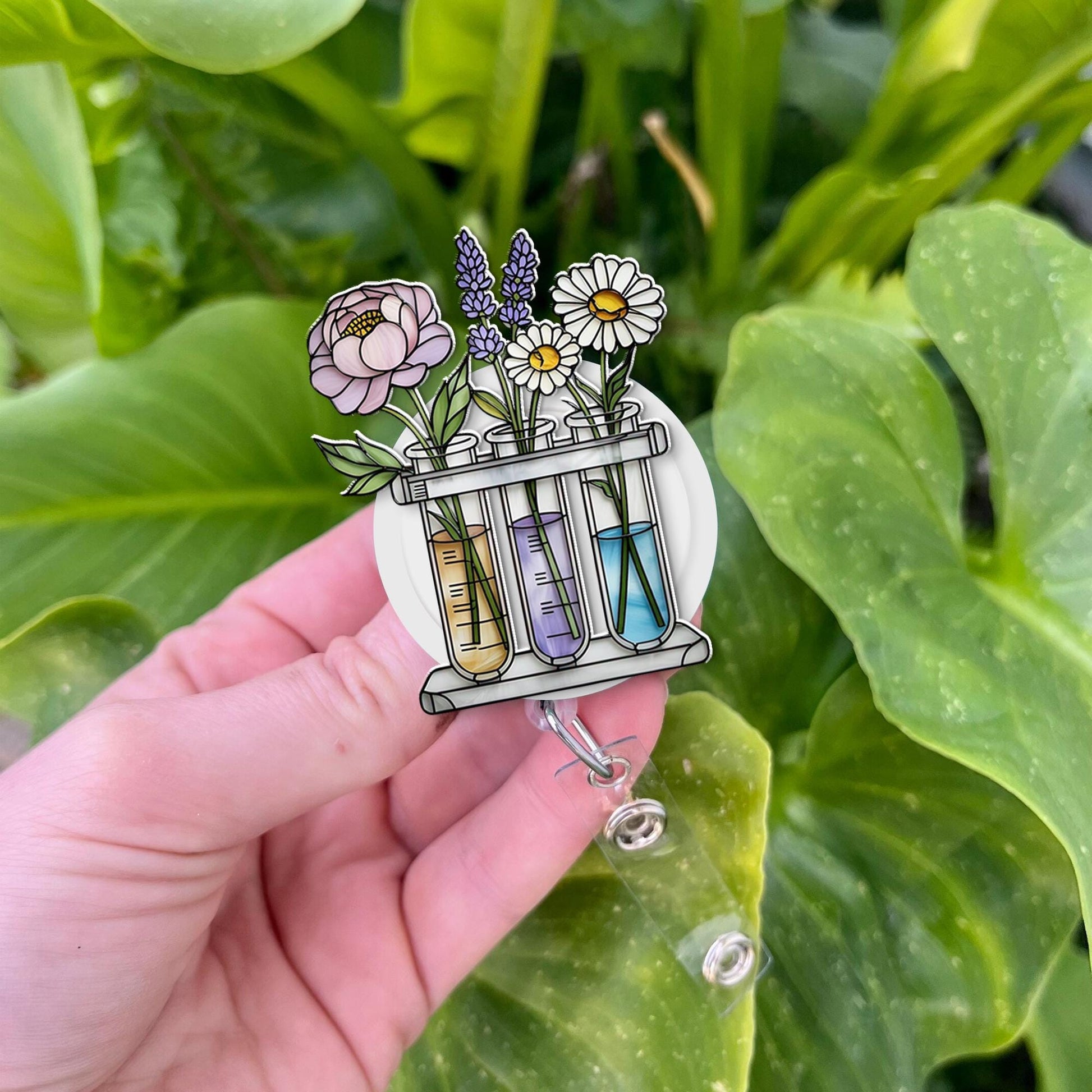 Floral Science Badge Reel, Test Tube Flowers Retractable ID Holder, Botanical Lab Tech Gift, Nurse Doctor Student Badge Clip, Spring Flowers