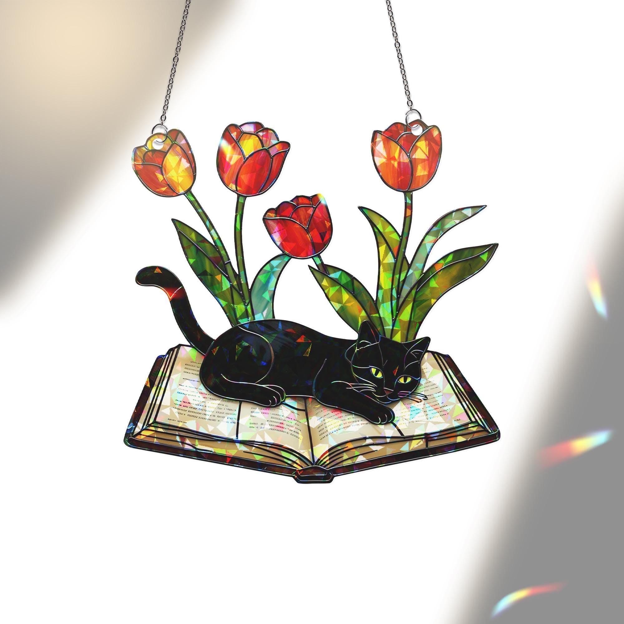 Black Cat on Book Tulips Acrylic Window Hanging Ornament, Rainbow Maker Home Decor, Unique Gift for Cat Lovers Readers, Book Lover,Book Club