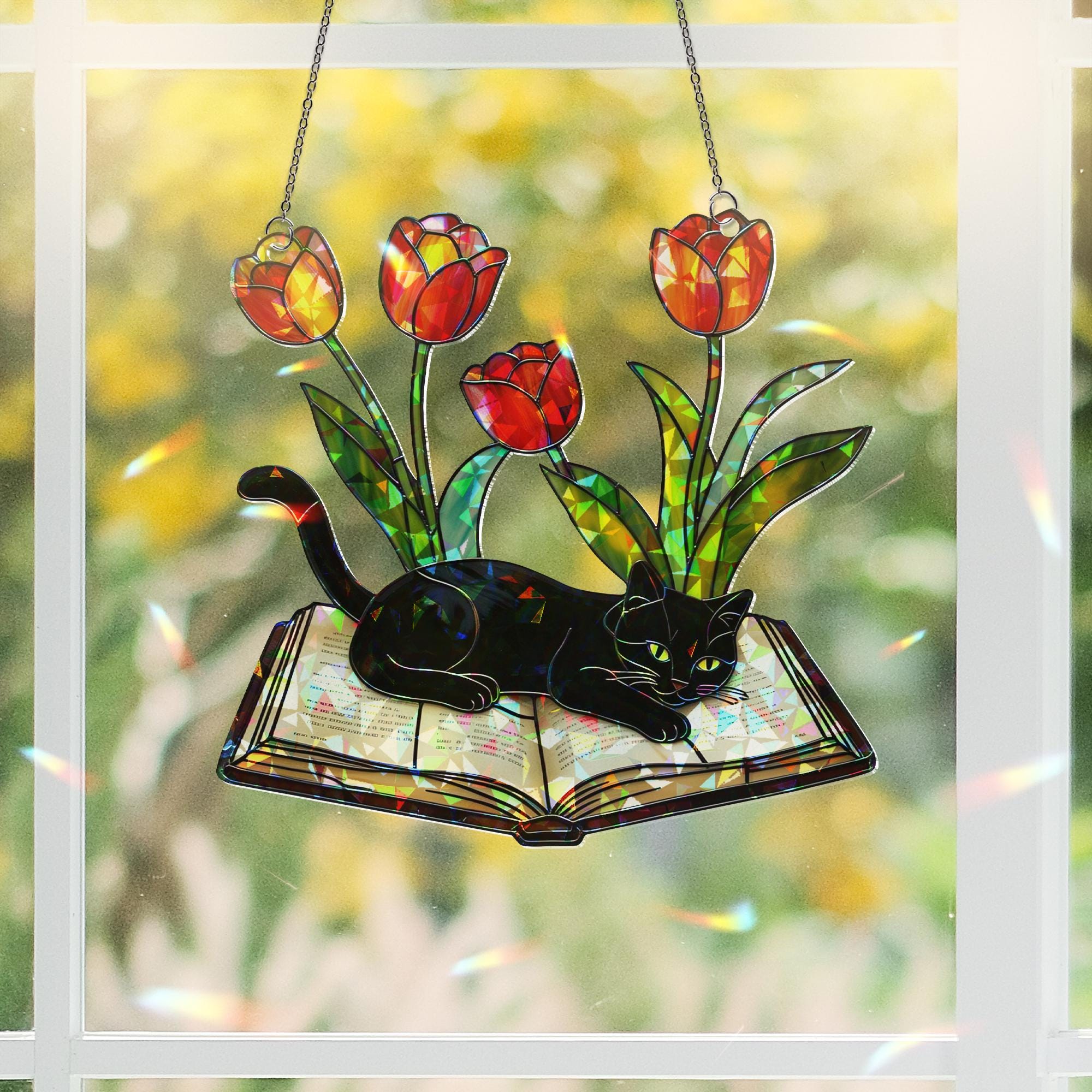 Black Cat on Book Tulips Acrylic Window Hanging Ornament, Rainbow Maker Home Decor, Unique Gift for Cat Lovers Readers, Book Lover,Book Club