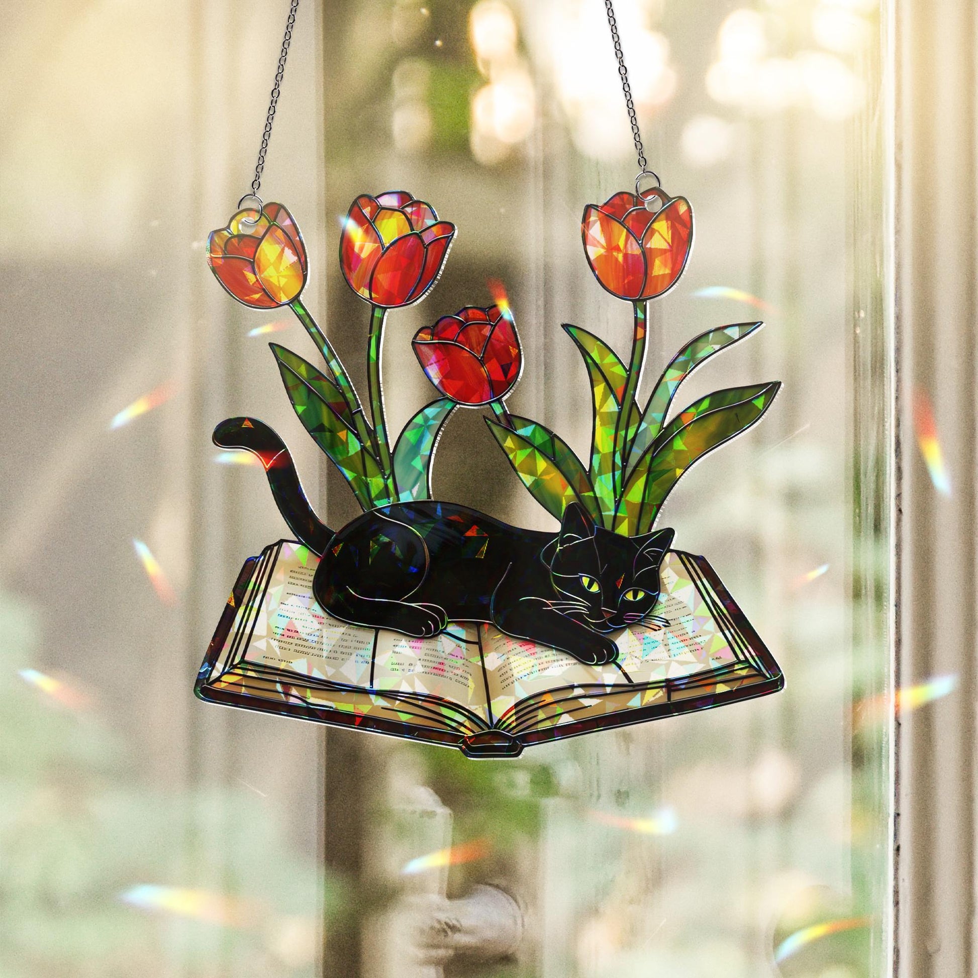Black Cat on Book Tulips Acrylic Window Hanging Ornament, Rainbow Maker Home Decor, Unique Gift for Cat Lovers Readers, Book Lover,Book Club