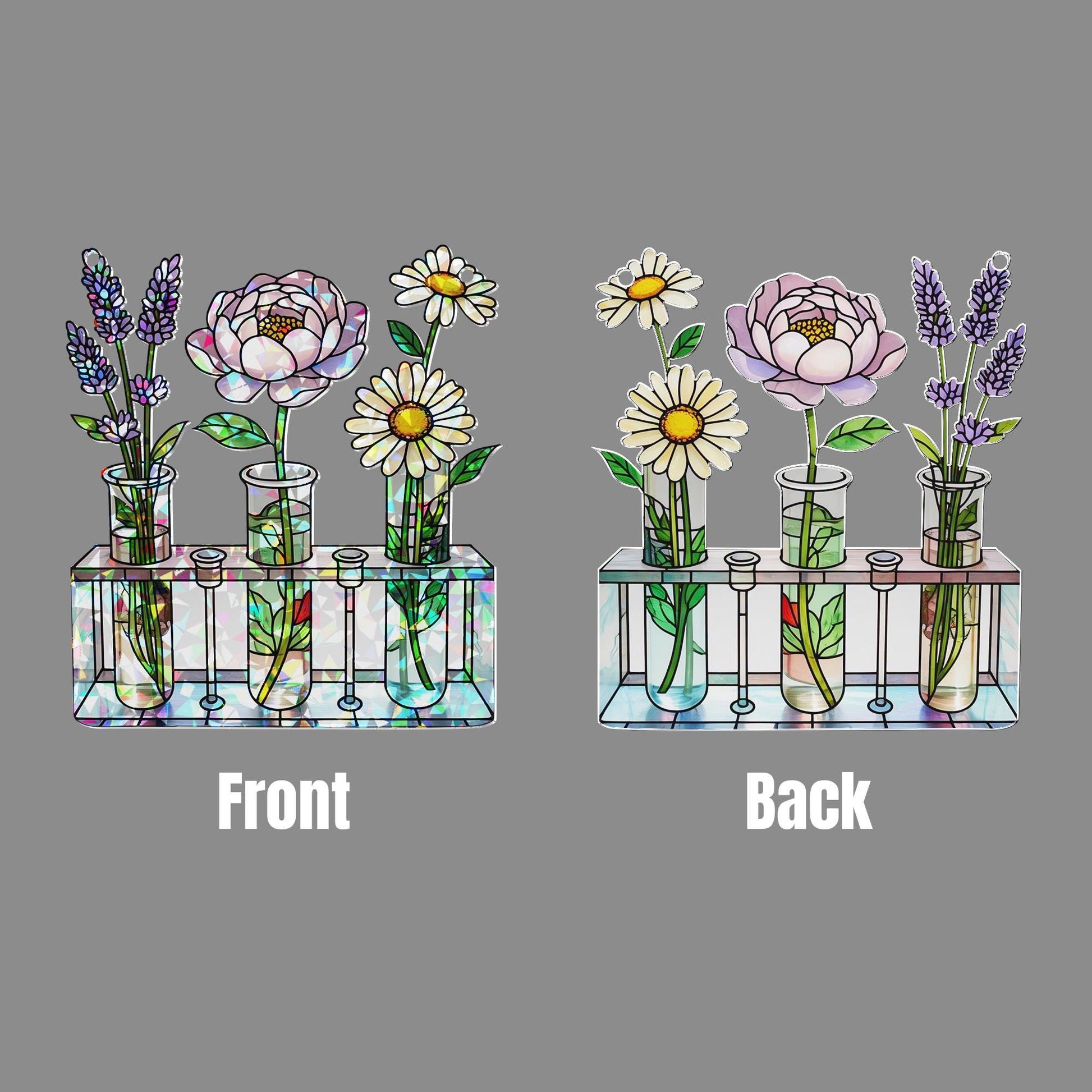 Floral Test Tube Acrylic Window Hanging Ornament, Flower Art, Botanical Home Decor, Lavender Peony Daisy Floral, Garden Lover Gift