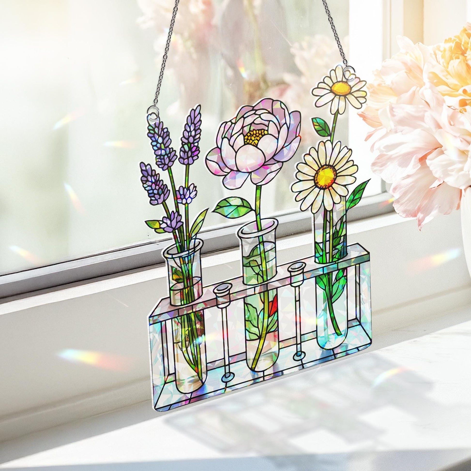 Floral Test Tube Acrylic Window Hanging Ornament, Flower Art, Botanical Home Decor, Lavender Peony Daisy Floral, Garden Lover Gift