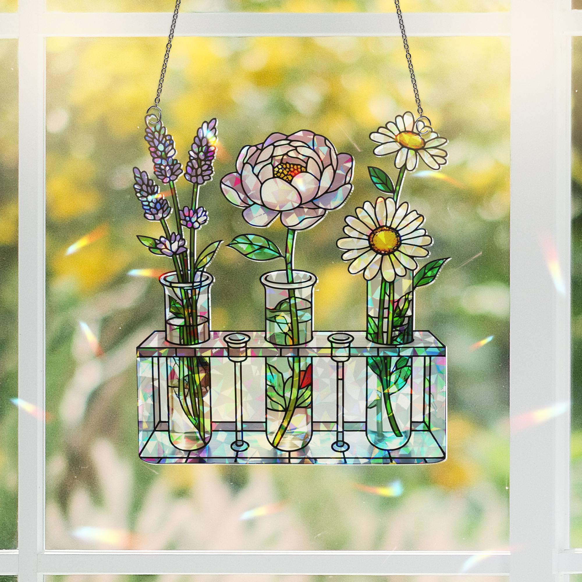 Floral Test Tube Acrylic Window Hanging Ornament, Flower Art, Botanical Home Decor, Lavender Peony Daisy Floral, Garden Lover Gift