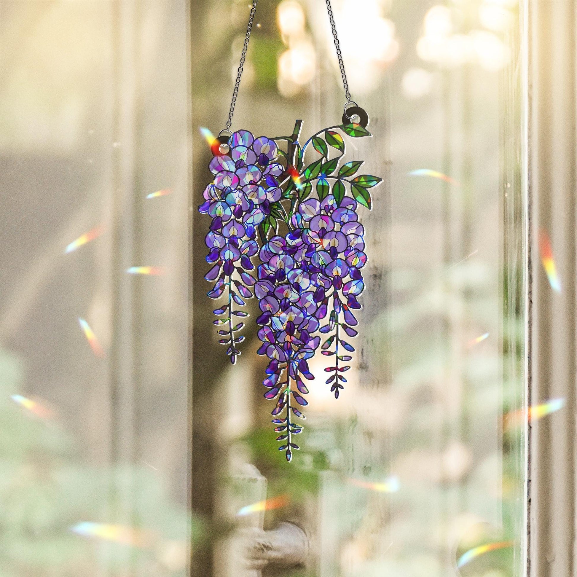 Wisteria Branch Acrylic Holographic Suncatcher Gift for Mom – Floral Window Decor for Spring, Garden Flower Gift, Flower Home decor