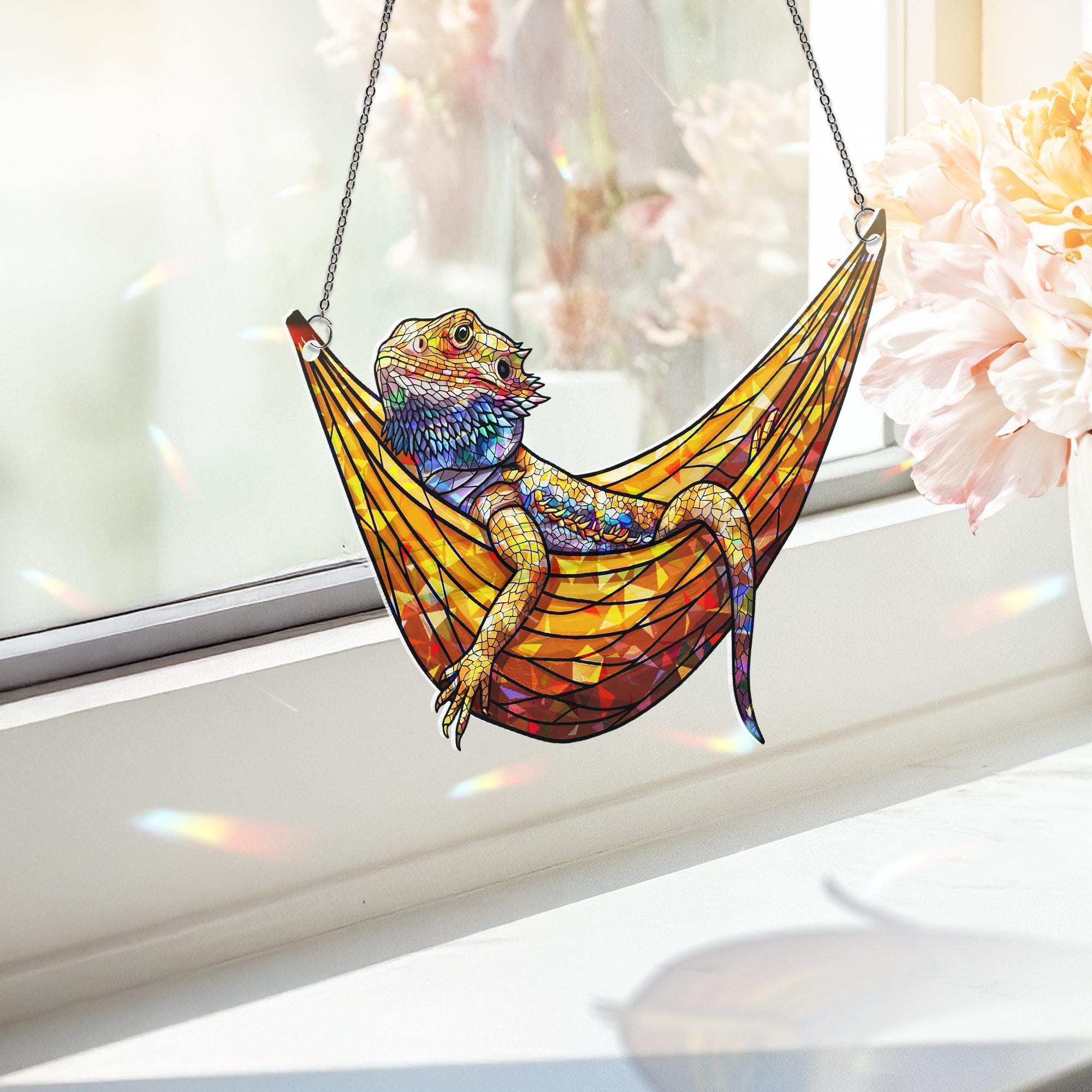 Bearded Dragon Suncatcher Holographic Window Decor | Lizard Sun Catcher in Hammock | Reptile Lover Gift | Lizard Room Decor
