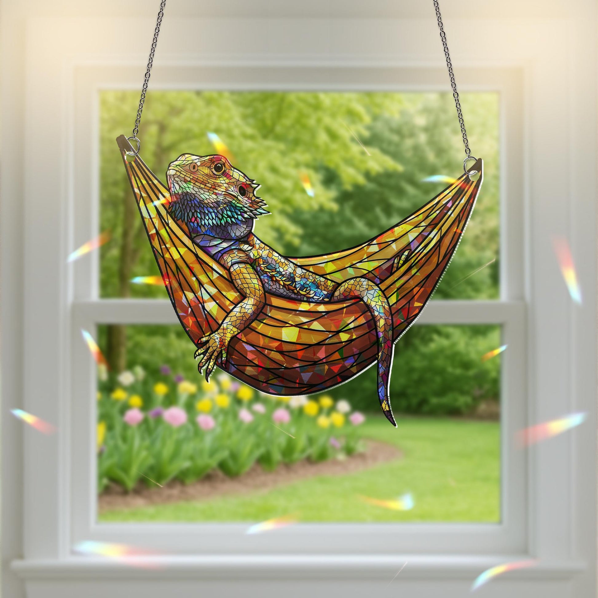 Bearded Dragon Suncatcher Holographic Window Decor | Lizard Sun Catcher in Hammock | Reptile Lover Gift | Lizard Room Decor
