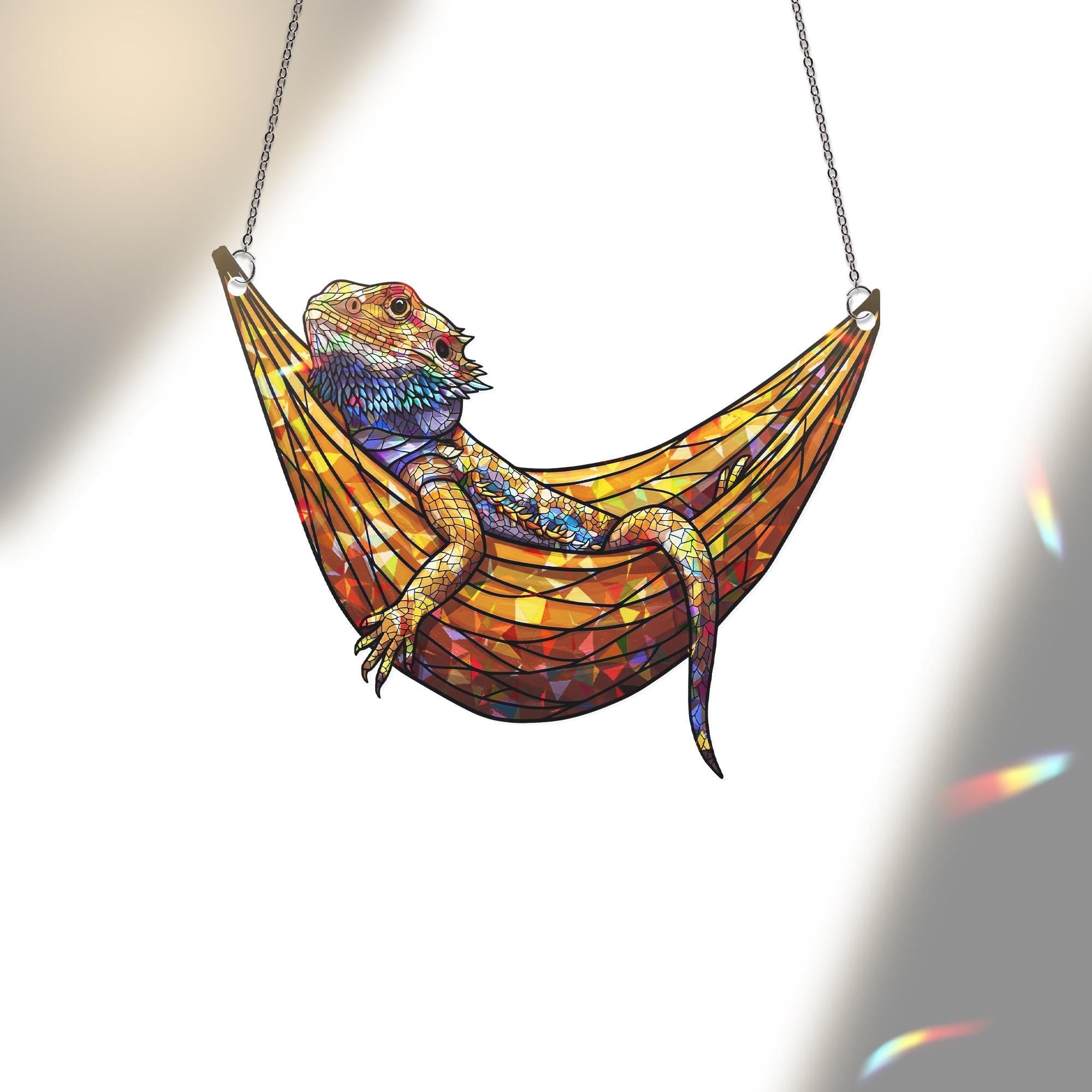 Bearded Dragon Suncatcher Holographic Window Decor | Lizard Sun Catcher in Hammock | Reptile Lover Gift | Lizard Room Decor