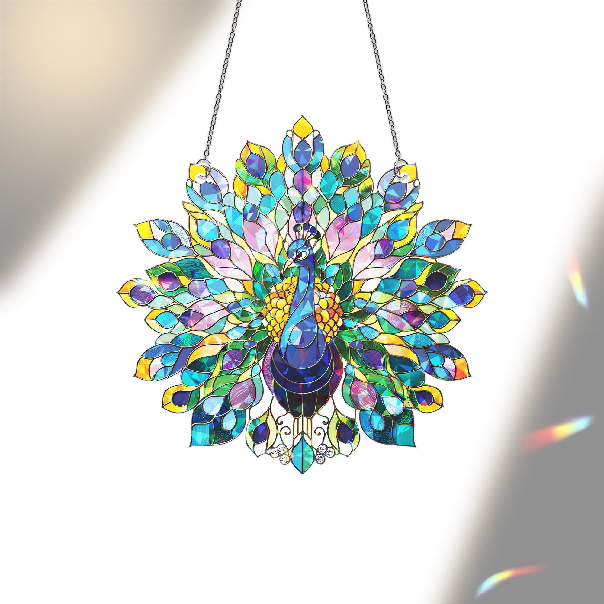 Peacock Holographic Suncatcher for Windows | Acrylic Stained Glass Style Bird Decor | Colorful Sun Catcher Gift for Bird Lovers