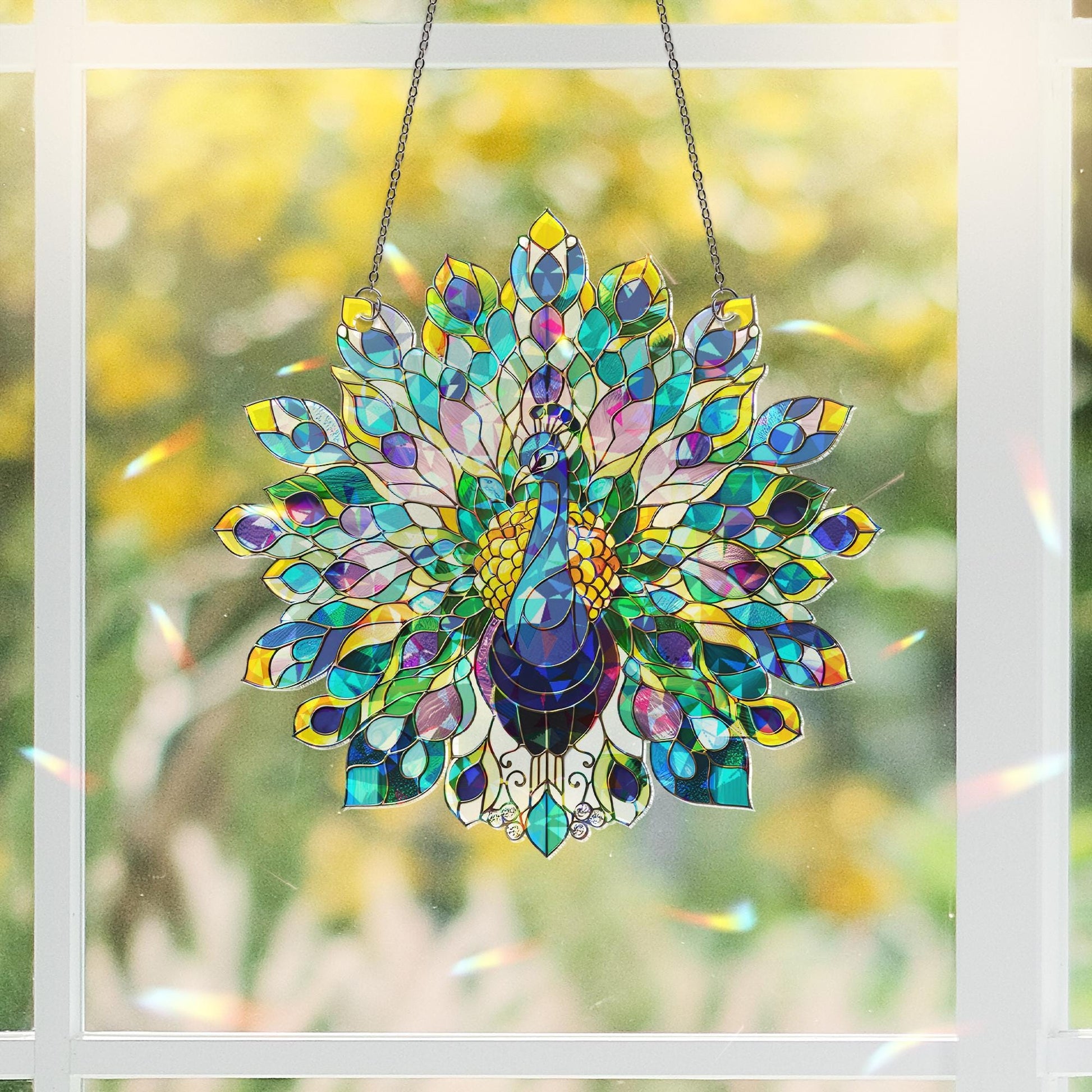 Peacock Holographic Suncatcher for Windows | Acrylic Stained Glass Style Bird Decor | Colorful Sun Catcher Gift for Bird Lovers