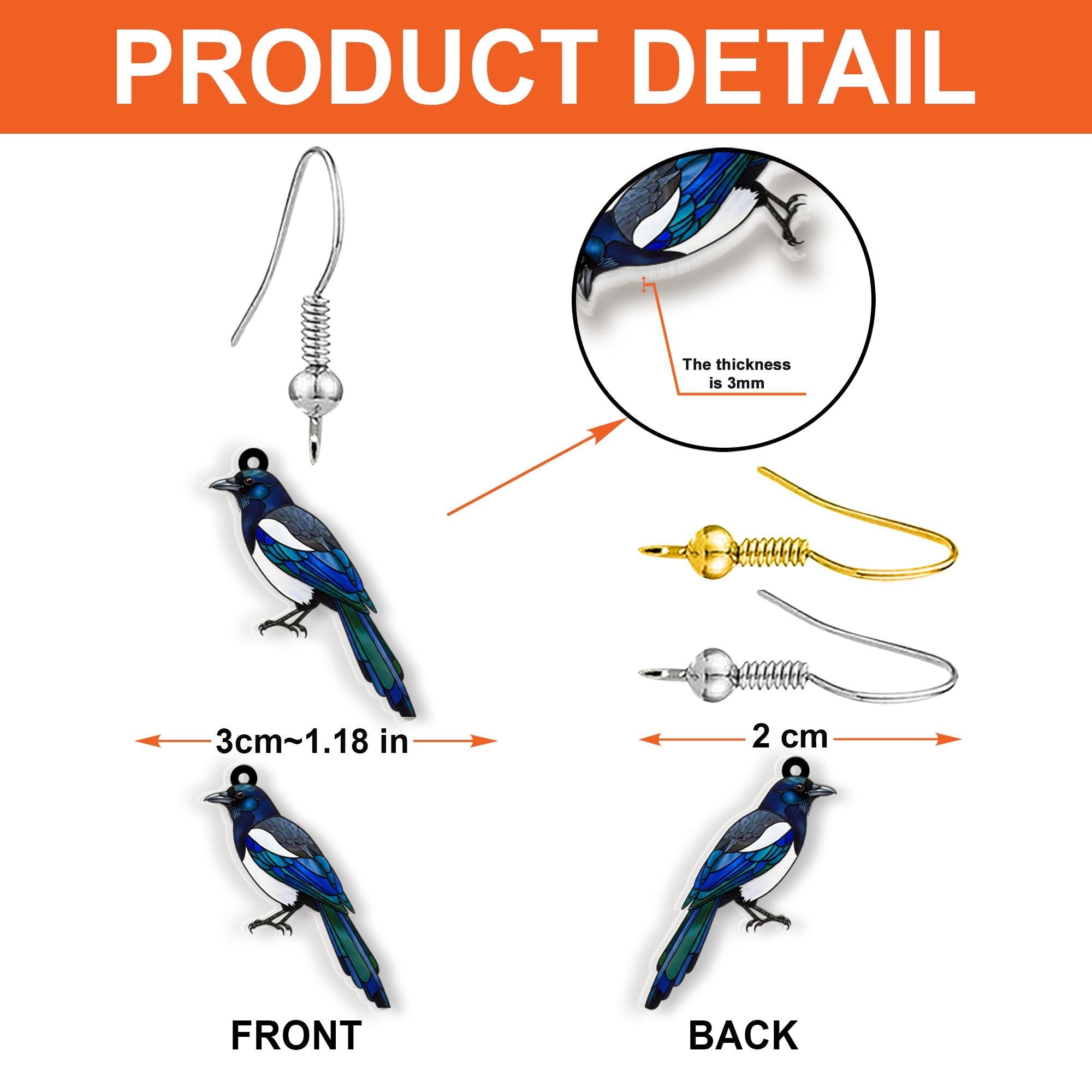 Magpie Bird Dangle Earrings | Nature-Inspired Jewelry | Unique Bird Lover Gift | Lightweight Statement Earrings