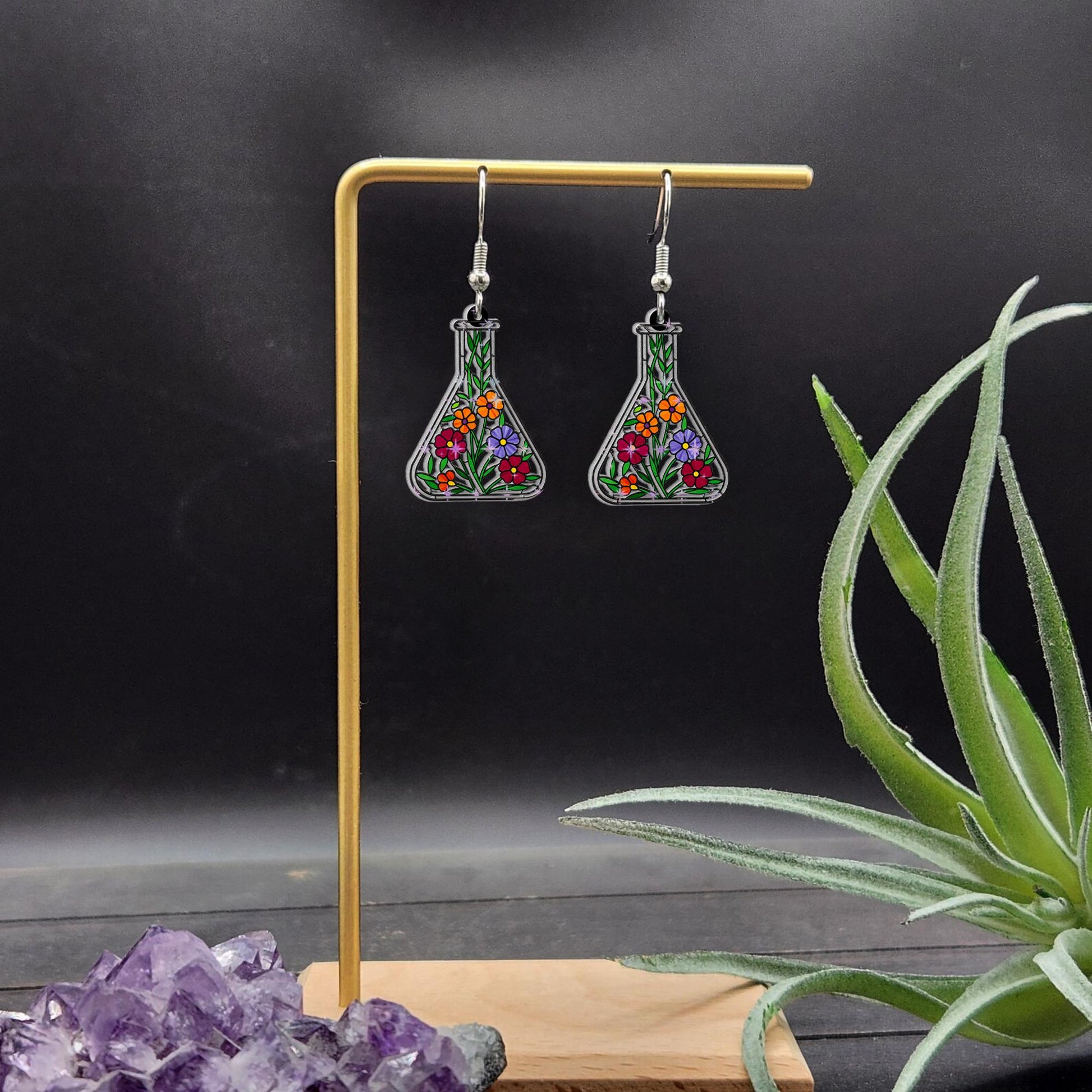 Floral Flask Acrylic Earrings, Science Jewelry, Botanical Dangle Earrings, Cute Lab Accessory, Chemistry Gift for Her, Scientist Gift
