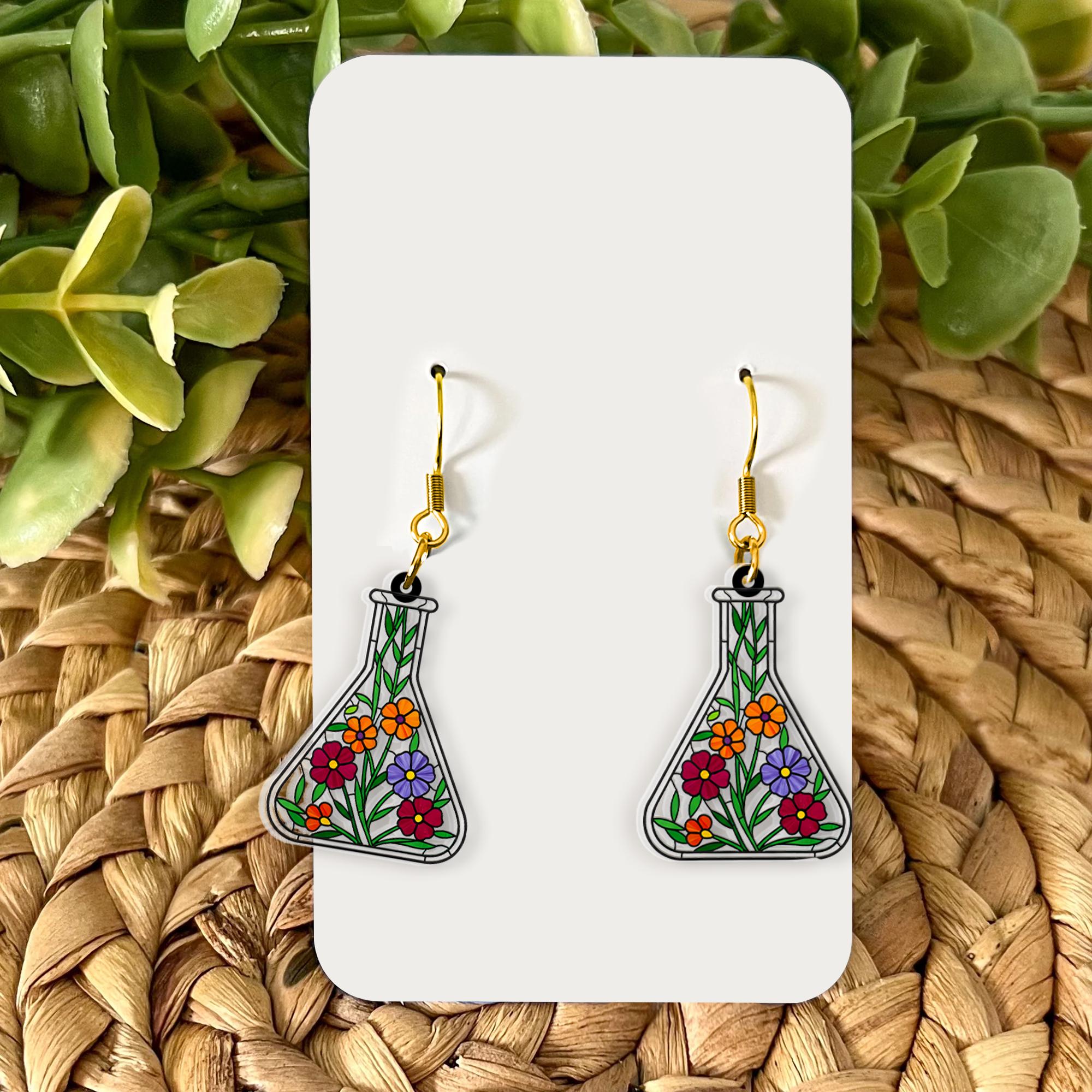 Floral Flask Acrylic Earrings, Science Jewelry, Botanical Dangle Earrings, Cute Lab Accessory, Chemistry Gift for Her, Scientist Gift