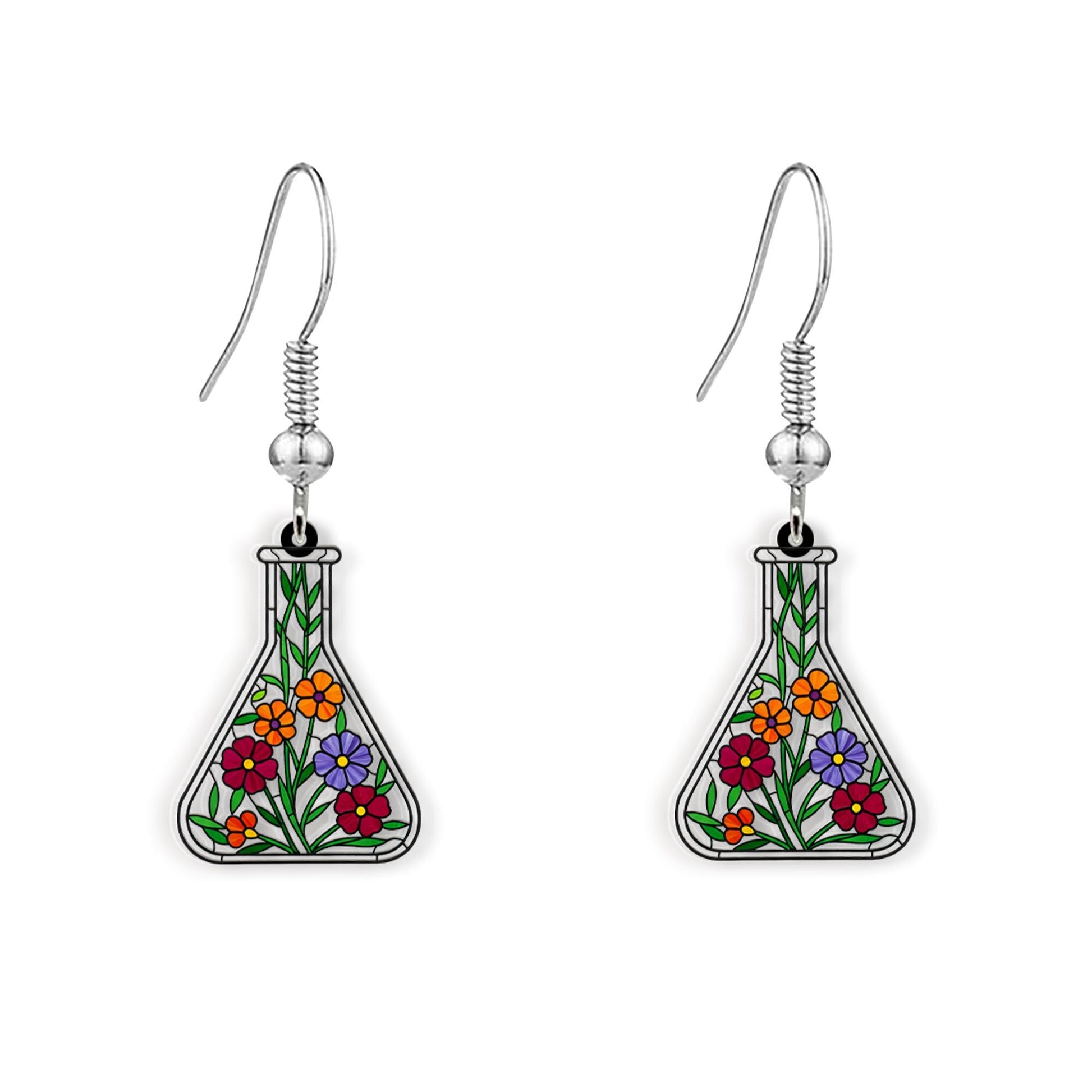 Floral Flask Acrylic Earrings, Science Jewelry, Botanical Dangle Earrings, Cute Lab Accessory, Chemistry Gift for Her, Scientist Gift