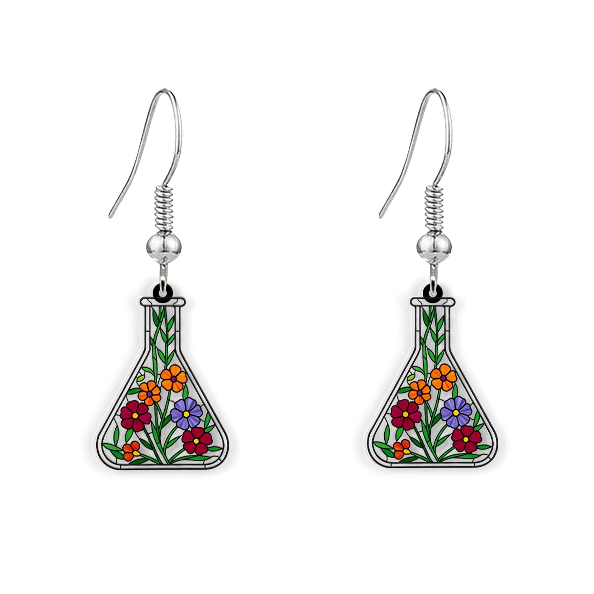 Floral Flask Acrylic Earrings, Science Jewelry, Botanical Dangle Earrings, Cute Lab Accessory, Chemistry Gift for Her, Scientist Gift