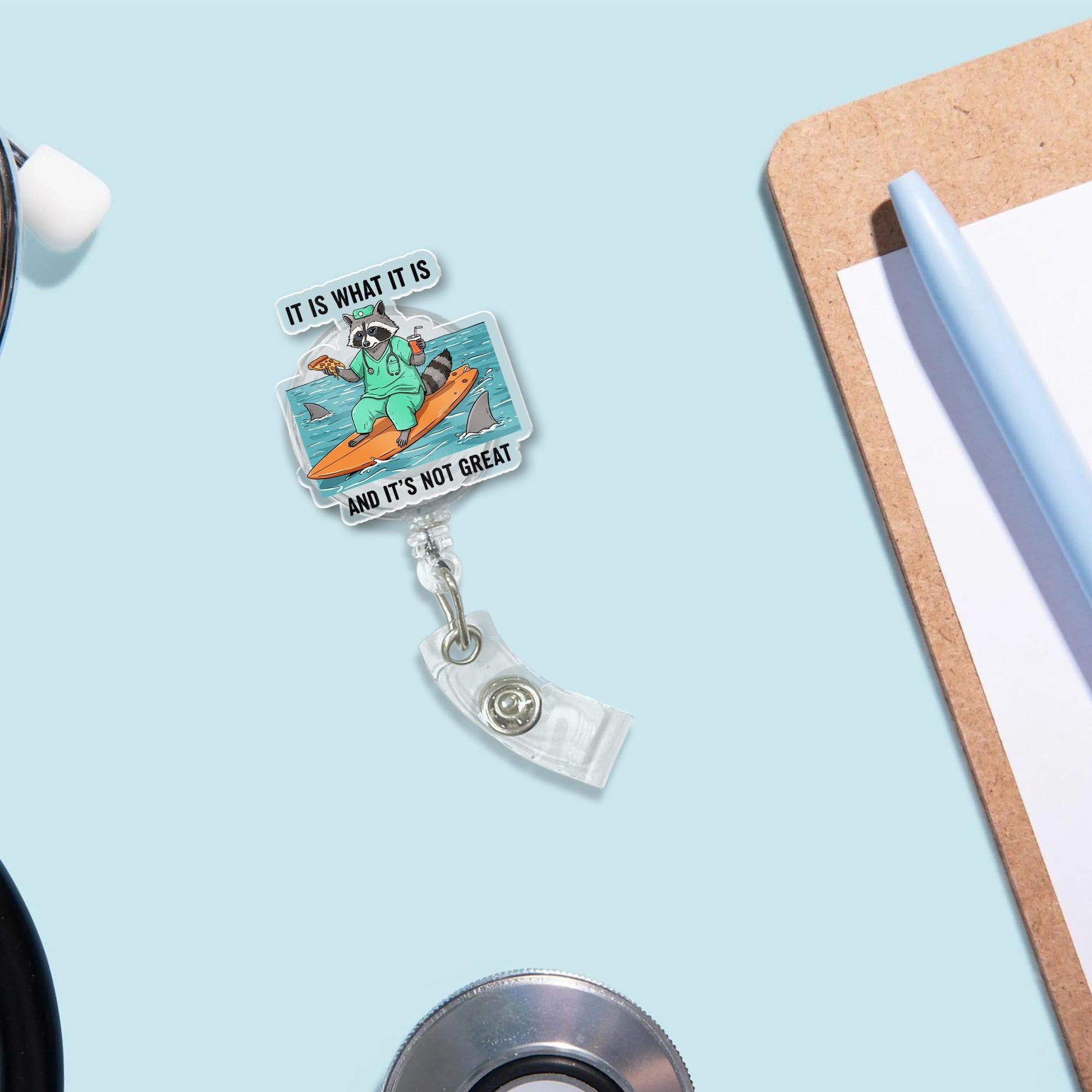 Funny Raccoon Shark Badge Reel, It Is What It Is And It's Not Great, Sarcastic Retractable ID Holder for Nurse, Teacher, Office Gift