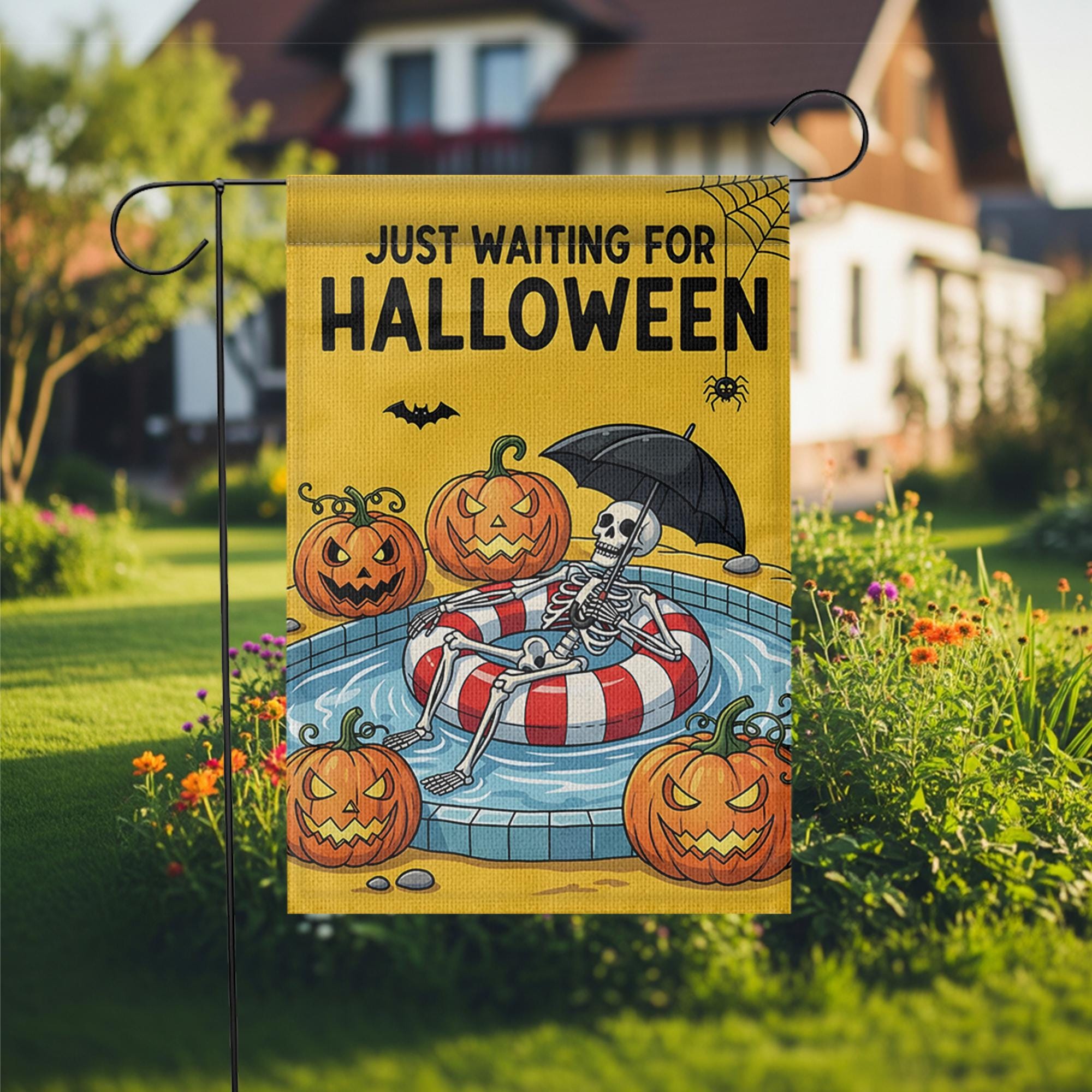 Funny Halloween Garden Flag, Skeleton Pool Float Flag, Waiting for Halloween Yard Decor, Spooky Fall Outdoor Decoration