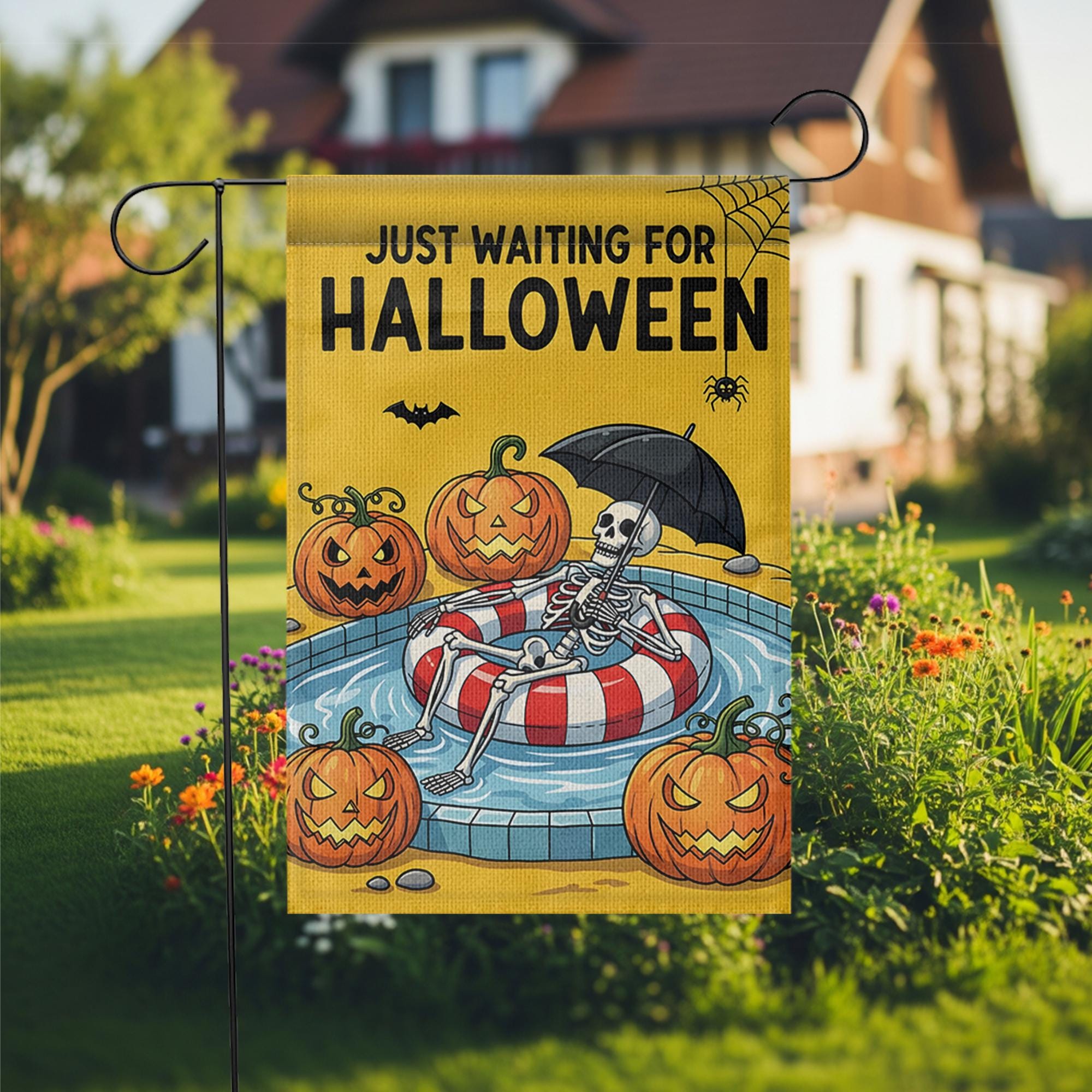 Funny Halloween Garden Flag, Skeleton Pool Float Flag, Waiting for Halloween Yard Decor, Spooky Fall Outdoor Decoration
