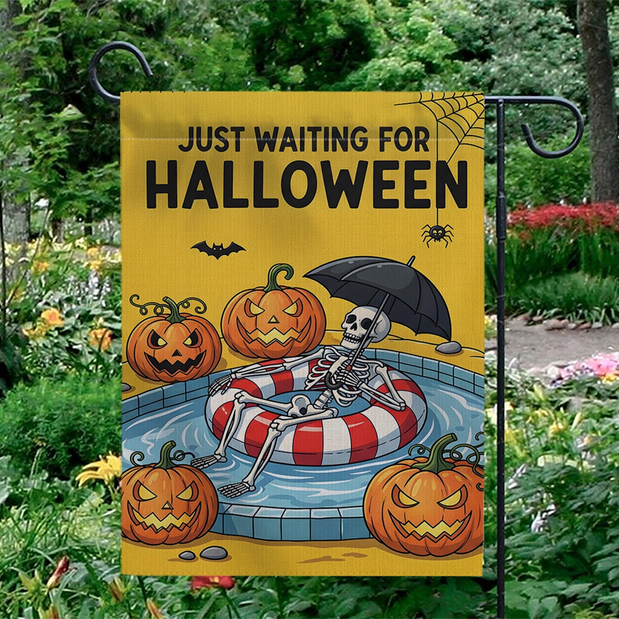 Funny Halloween Garden Flag, Skeleton Pool Float Flag, Waiting for Halloween Yard Decor, Spooky Fall Outdoor Decoration