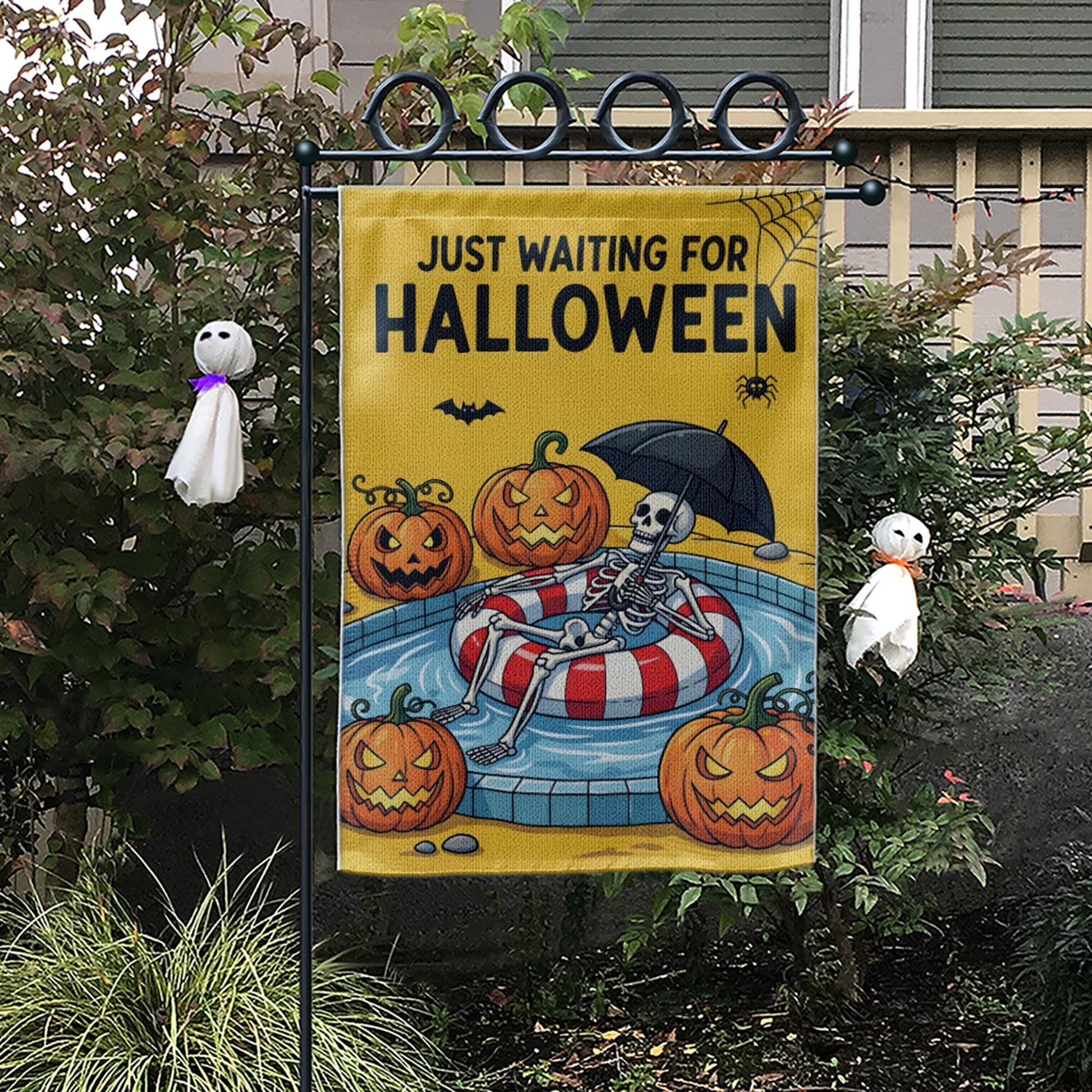 Funny Halloween Garden Flag, Skeleton Pool Float Flag, Waiting for Halloween Yard Decor, Spooky Fall Outdoor Decoration