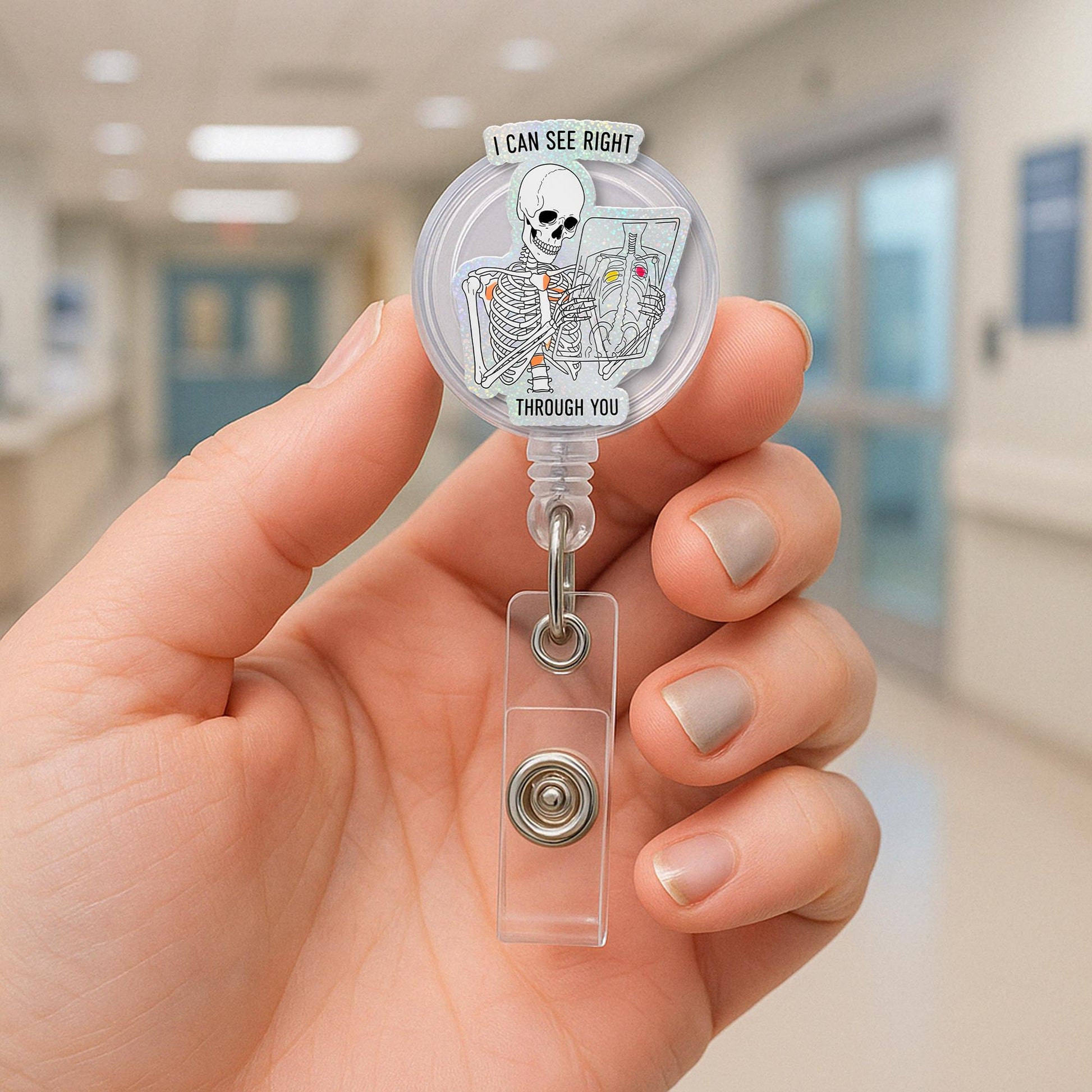 Skeleton X-Ray Badge Reel, Funny Radiology ID Holder, I Can See Right Through You, Halloween Badge Clip, Tech Gift Idea