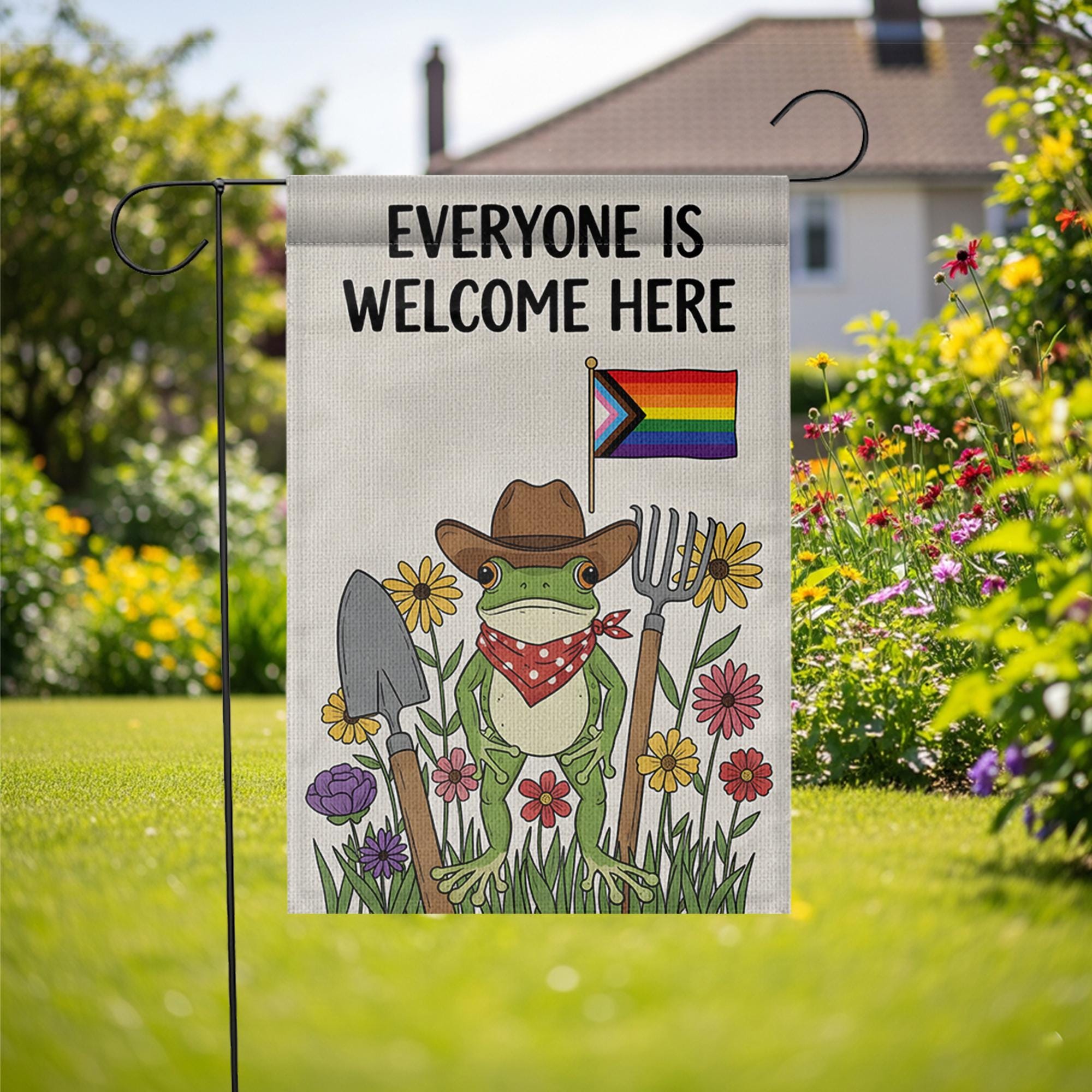 Everyone Is Welcome Here Garden Flag, LGBTQ Frog Yard Decor, Cute Pride Outdoor Sign, Inclusive Funny Garden Decoration