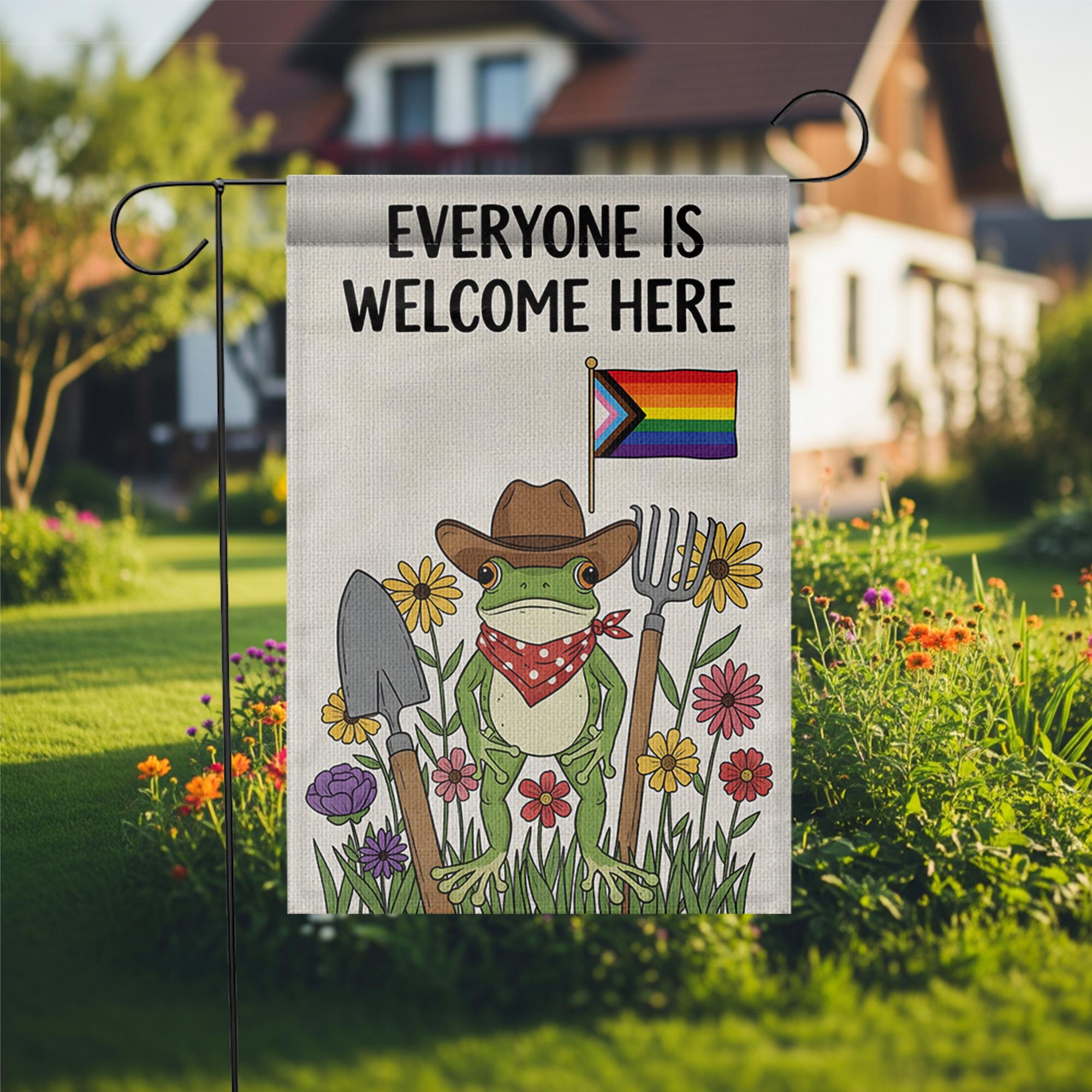 Everyone Is Welcome Here Garden Flag, LGBTQ Frog Yard Decor, Cute Pride Outdoor Sign, Inclusive Funny Garden Decoration
