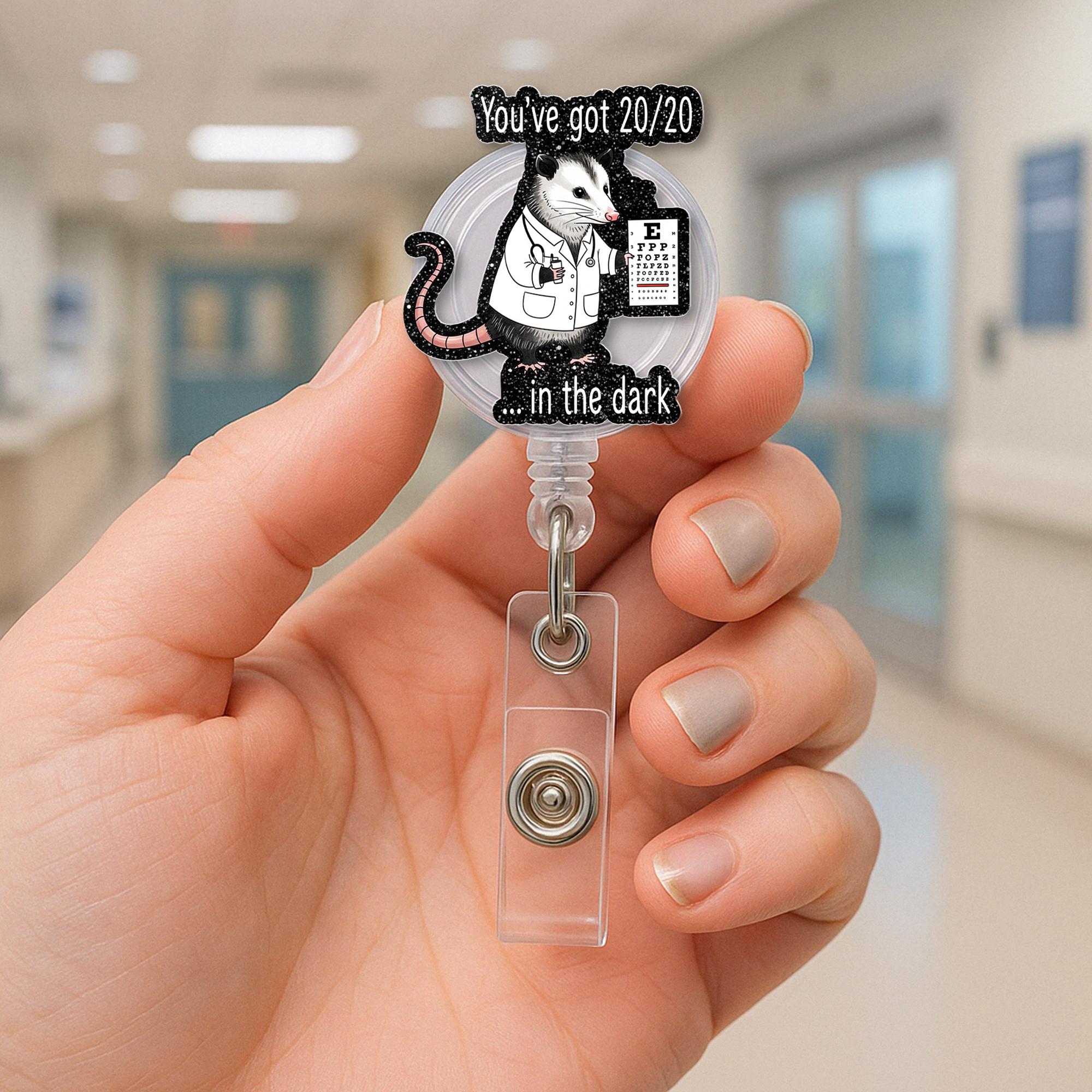 Funny Possum Badge Reel, 20/20 In the Dark ID Holder, Optometry Pun Badge Clip, Eye Doctor Gift, Cute Animal Work Accessory