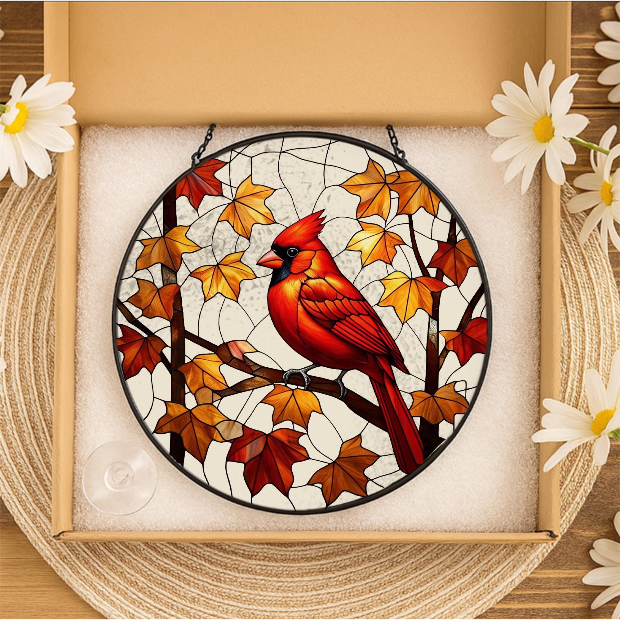 Cardinal Glass Suncatcher – Autumn Leaves Bird Window Hanging, Red Cardinal Memorial Gift or Nature Decor