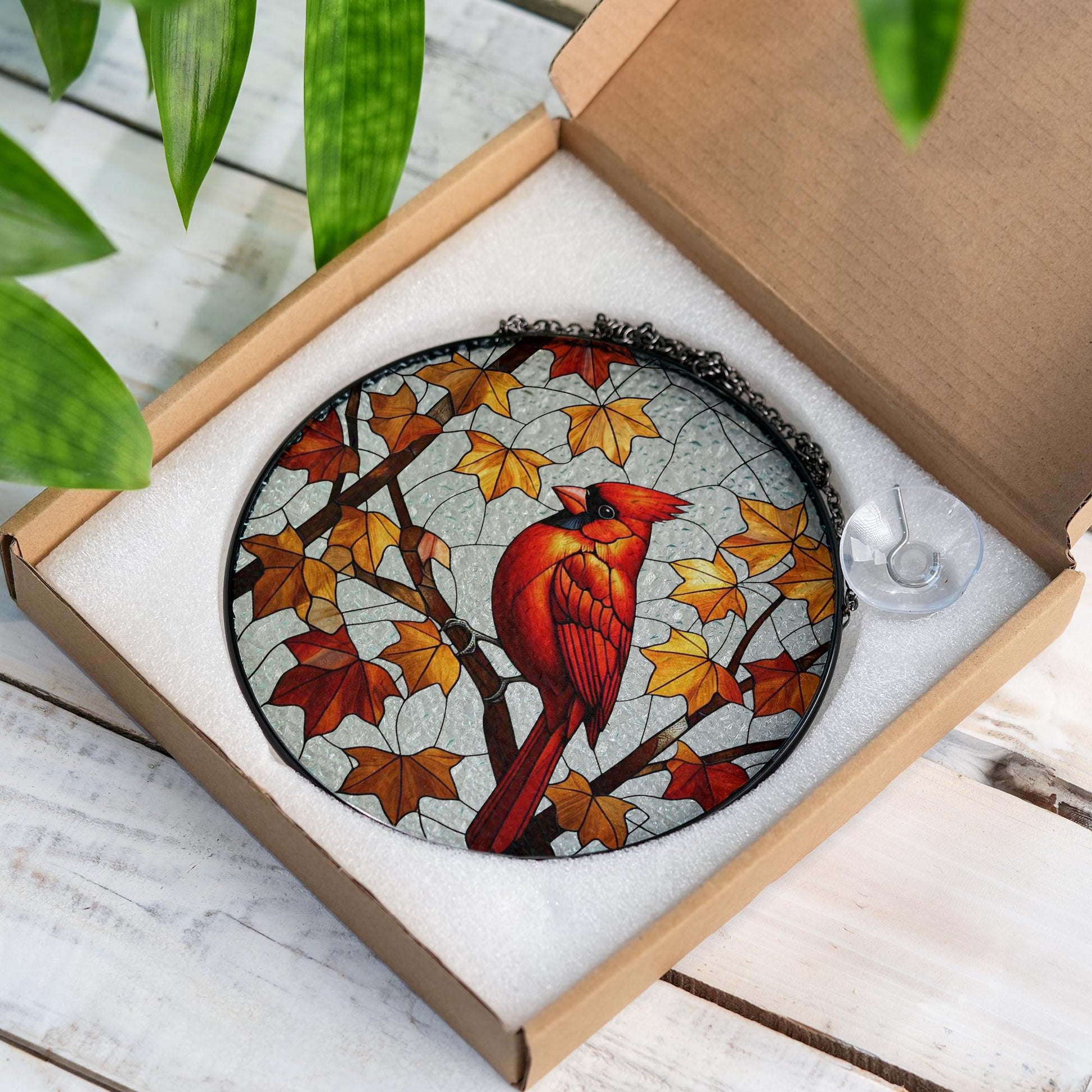 Cardinal Glass Suncatcher – Autumn Leaves Bird Window Hanging, Red Cardinal Memorial Gift or Nature Decor