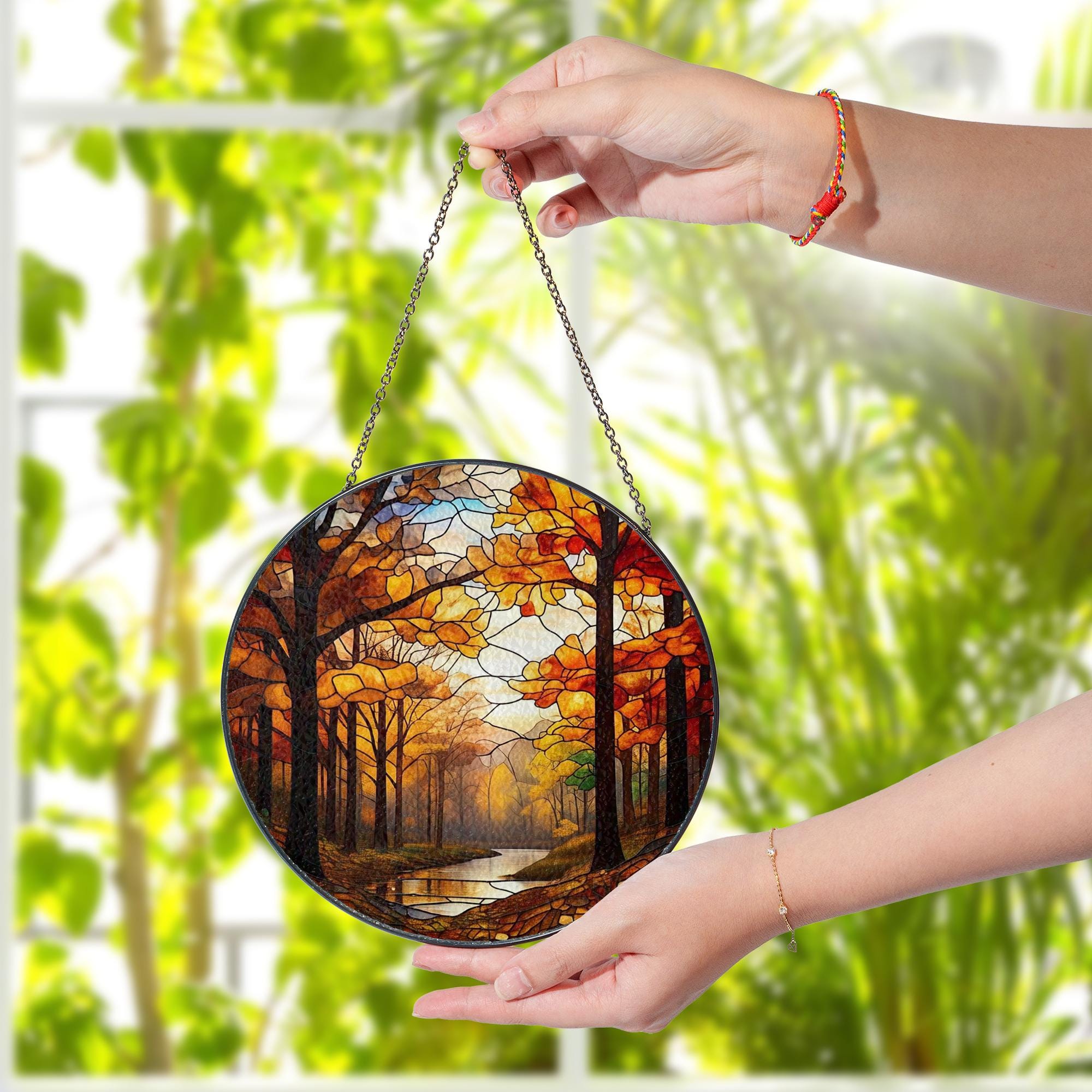 Autumn Forest Stained Glass Suncatcher – Fall Woods Window Hanging with Trees and River, Cozy Nature Home Decor