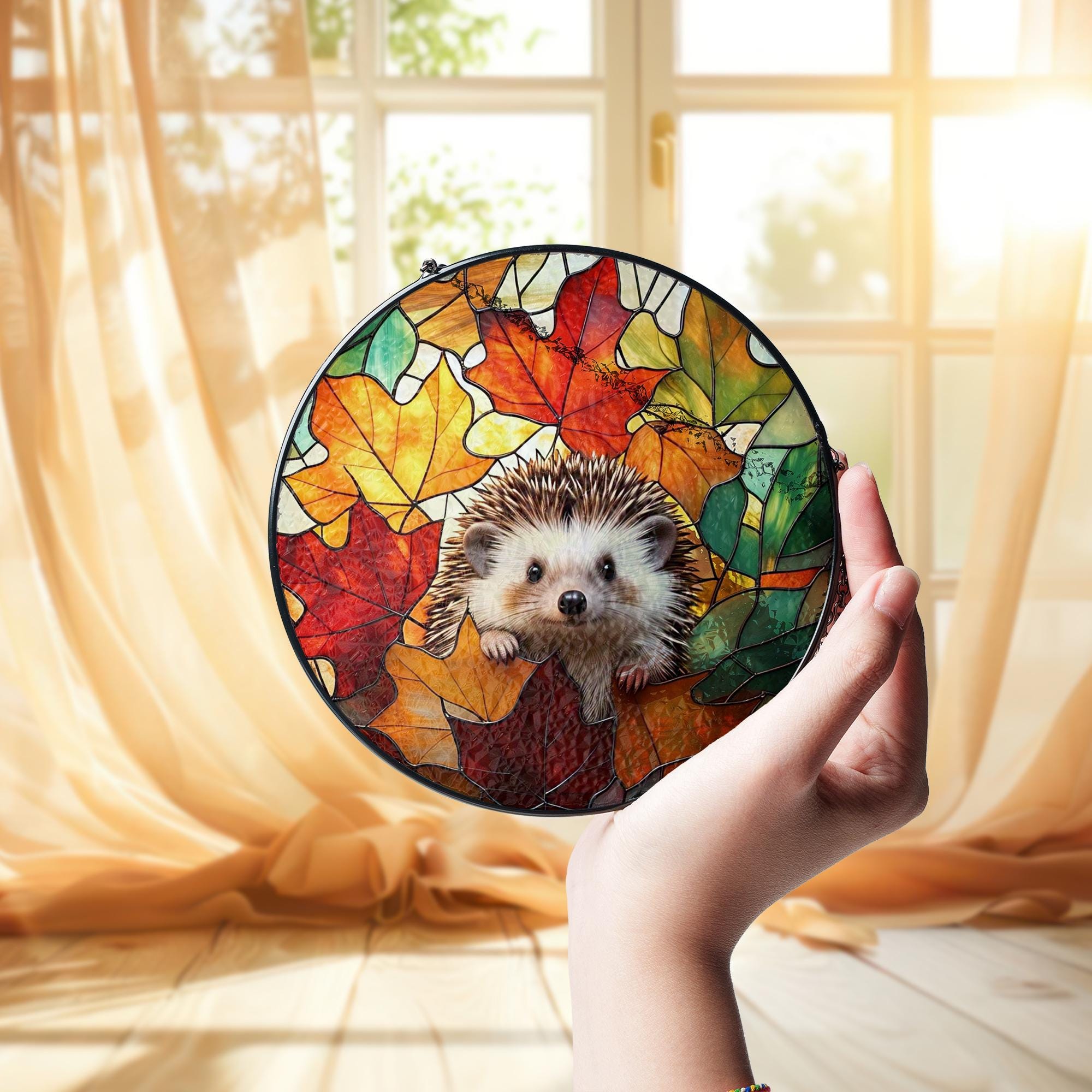 Hedgehog Stained Glass Suncatcher – Cute Autumn Leaves Animal Window Decor, Woodland Nature Gift for Fall Lovers
