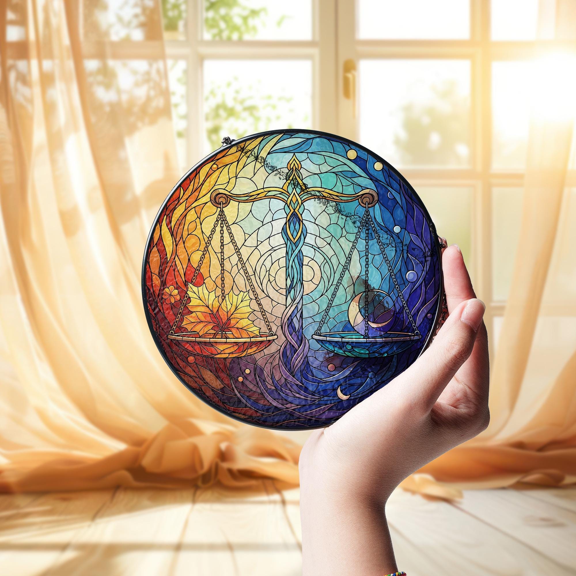 Libra Stained Glass Suncatcher – Zodiac Balance Window Hanging with Sun and Moon, Astrology Gift for Libra Sign