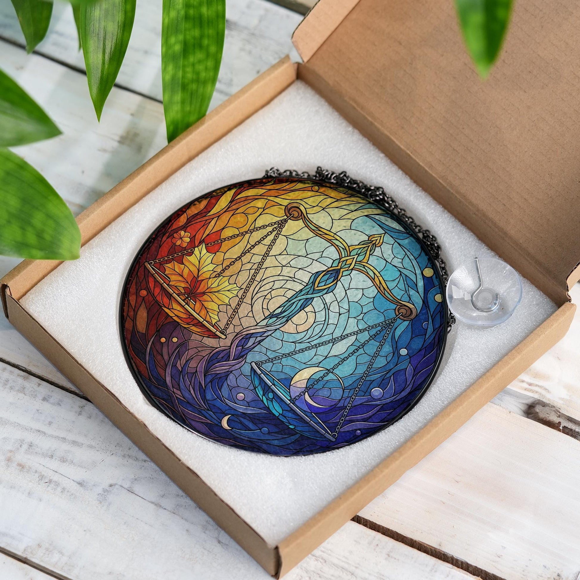 Libra Stained Glass Suncatcher – Zodiac Balance Window Hanging with Sun and Moon, Astrology Gift for Libra Sign