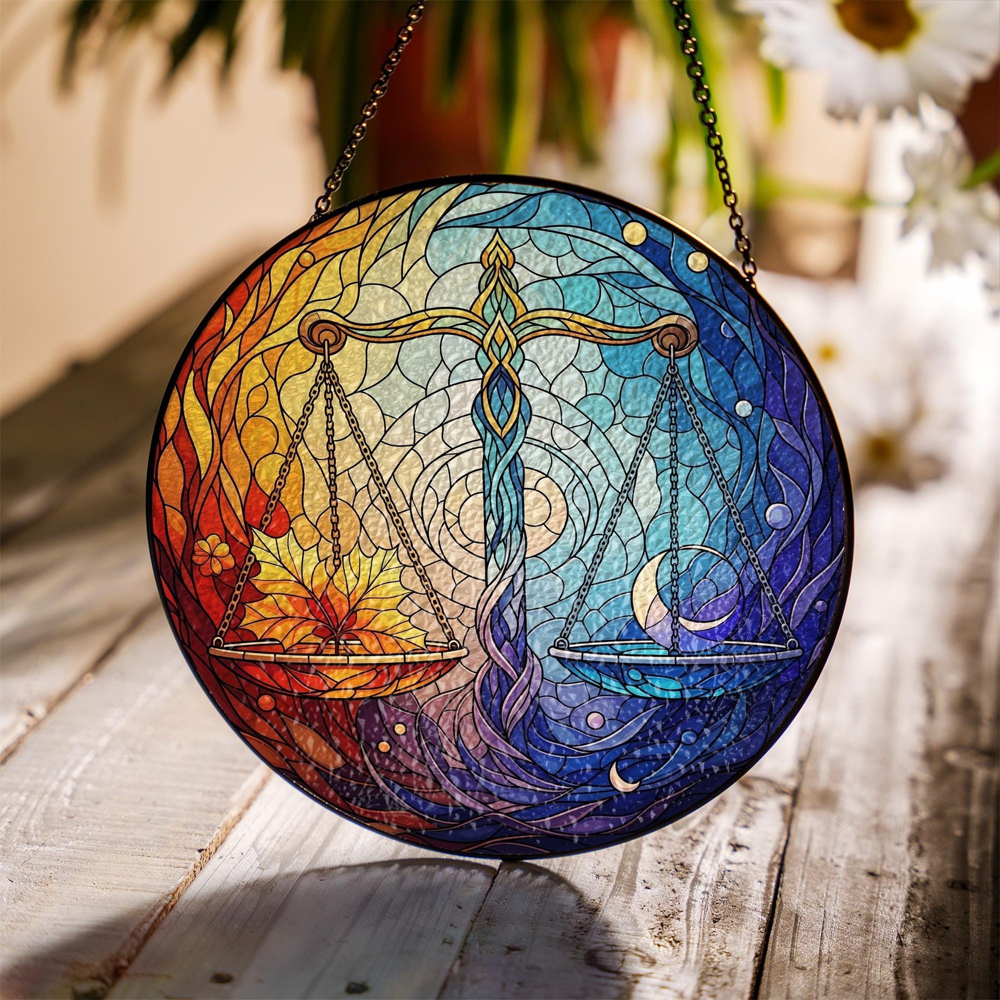 Libra Stained Glass Suncatcher – Zodiac Balance Window Hanging with Sun and Moon, Astrology Gift for Libra Sign