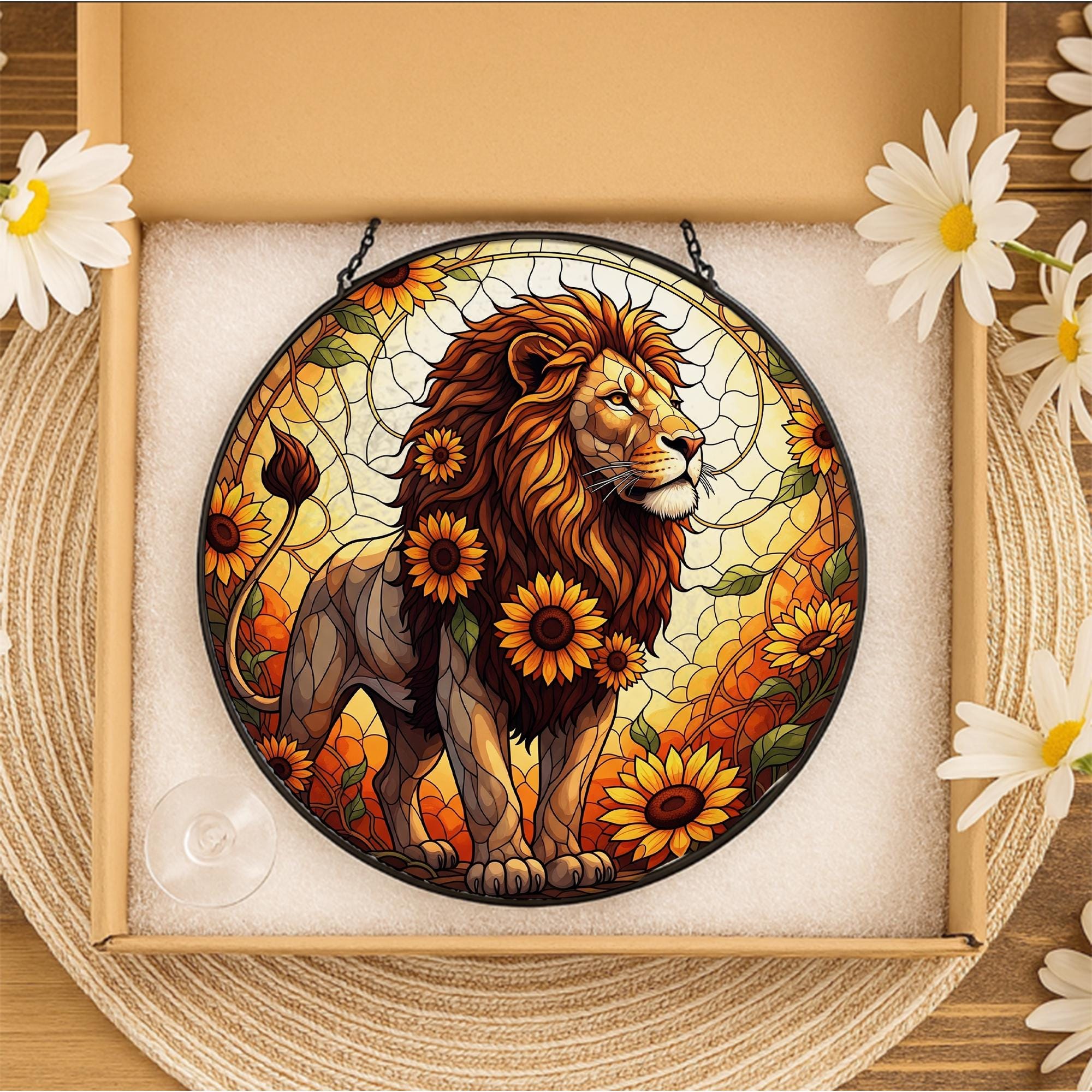 Leo Lion Glass Suncatcher – Sunflower Zodiac Window Hanging, Courageous Nature Decor, Astrology Gift