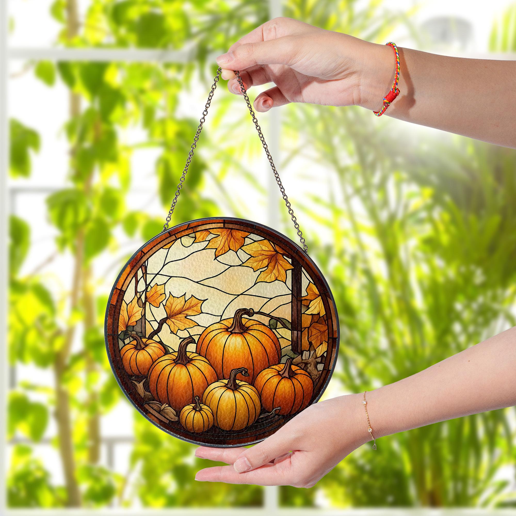 Pumpkin Patch Glass Suncatcher – Autumn Window Hanging with Fall Leaves, Harvest Farmhouse Decor Gift