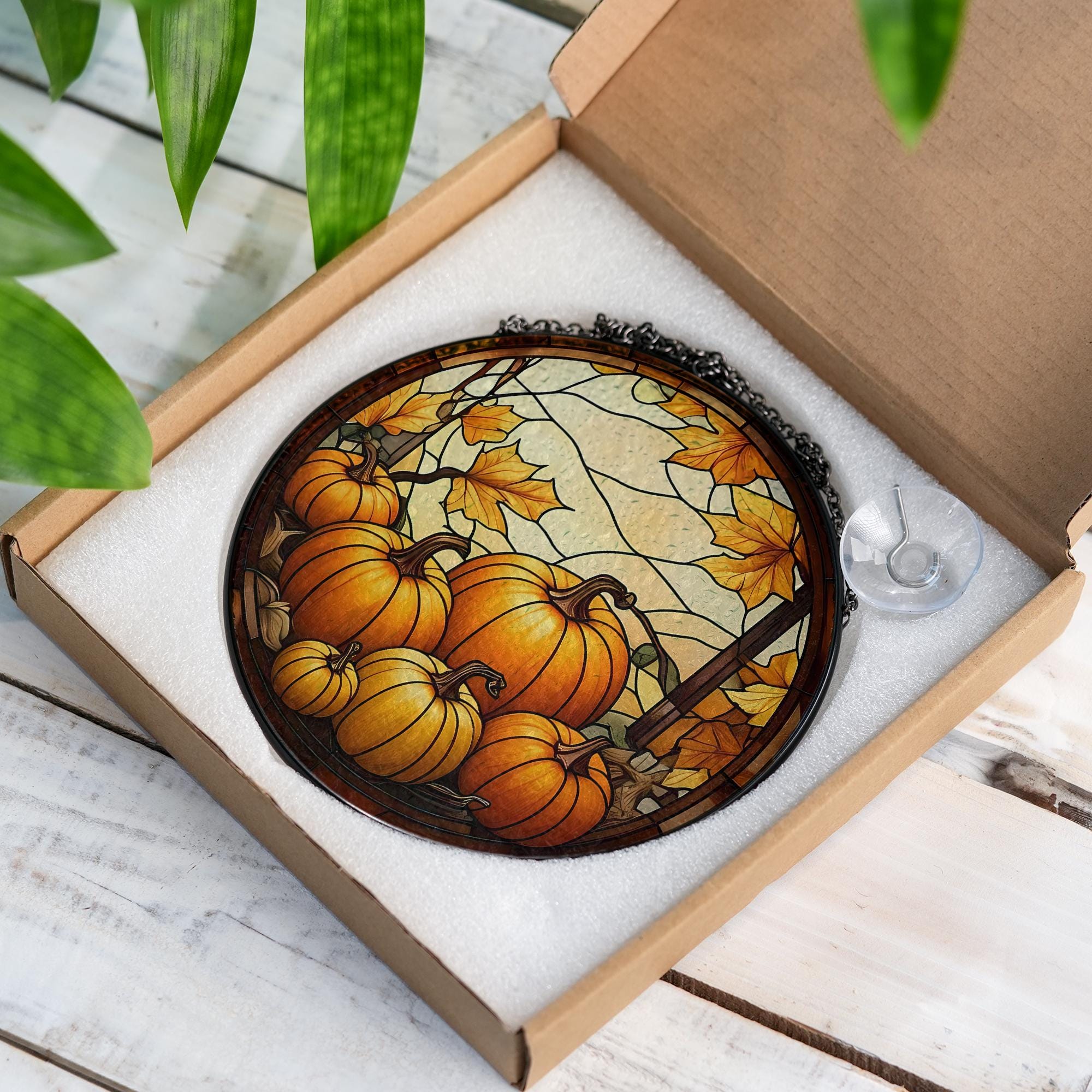 Pumpkin Patch Glass Suncatcher – Autumn Window Hanging with Fall Leaves, Harvest Farmhouse Decor Gift