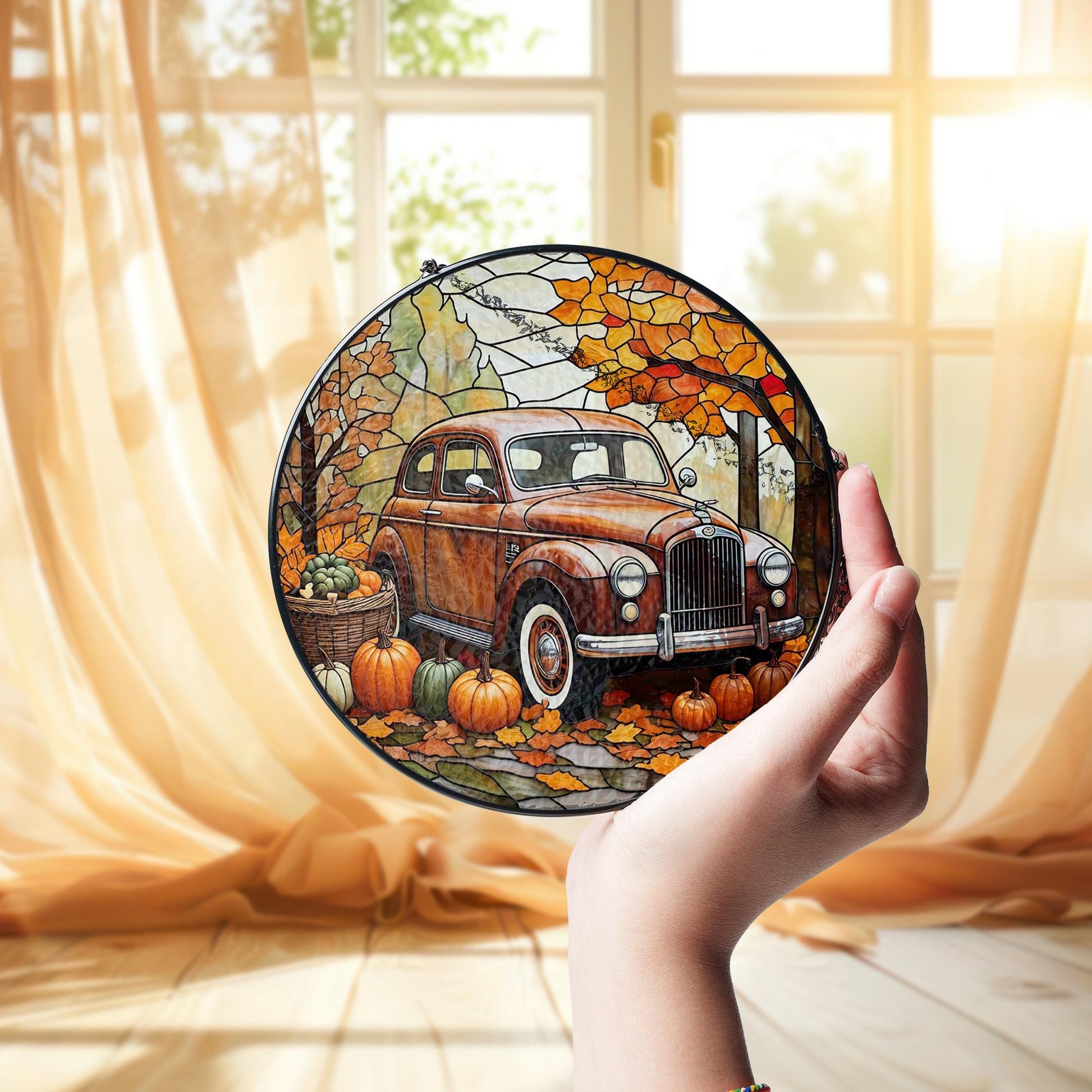 Vintage Truck Glass Suncatcher – Autumn Pumpkins & Fall Leaves Window Hanging, Rustic Farmhouse Decor Gift