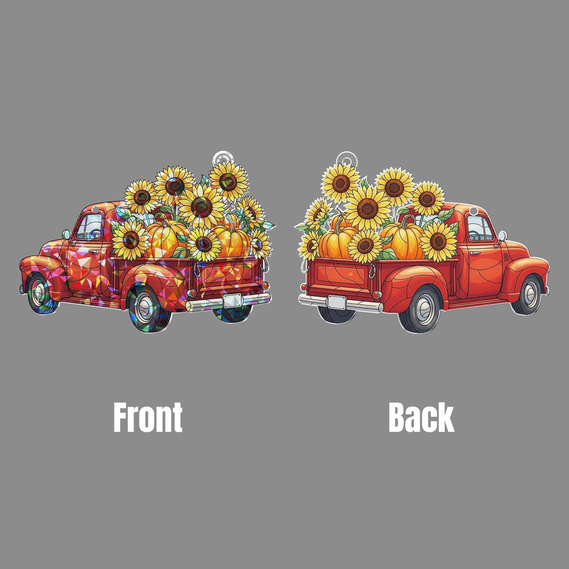 Red Truck Sunflower Holographic Window Hanging – Acrylic Fall Decor with Pumpkins, Country Farmhouse Sun Catcher Gift