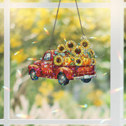 Red Truck Sunflower Holographic Window Hanging – Acrylic Fall Decor with Pumpkins, Country Farmhouse Sun Catcher Gift