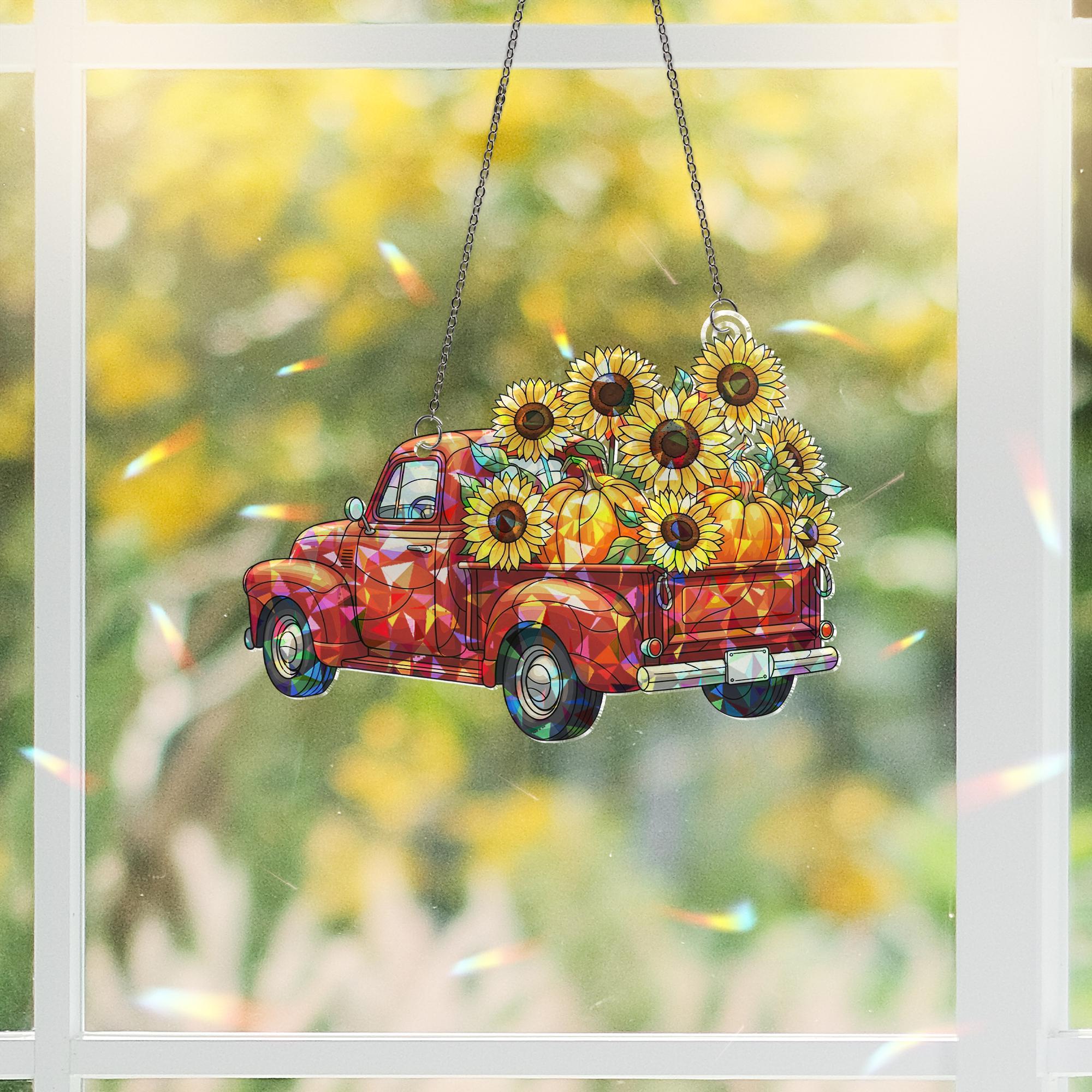 Red Truck Sunflower Holographic Window Hanging – Acrylic Fall Decor with Pumpkins, Country Farmhouse Sun Catcher Gift