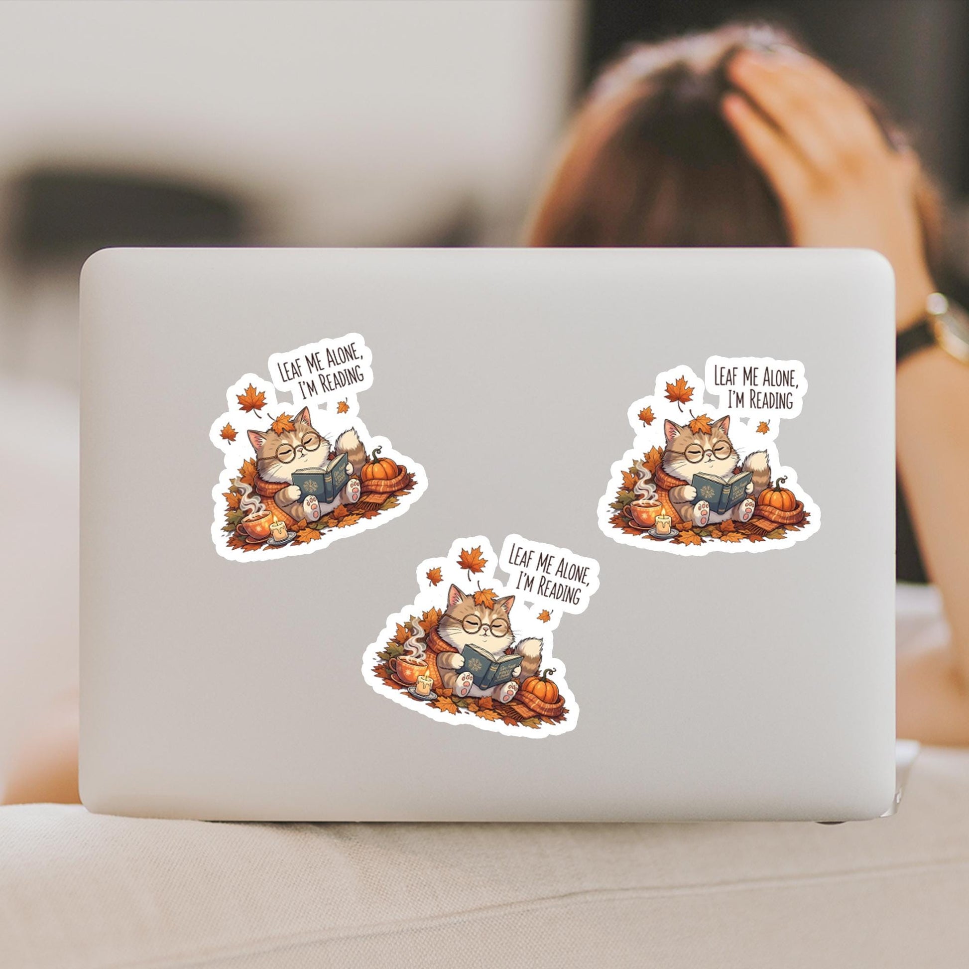 Fall Cat Reading Sticker – Cute Autumn Bookish Sticker with Quote, Cozy Vinyl Sticker for Book Lovers, Pumpkin Spice Cat Lover Gift