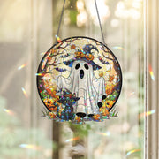 Halloween Ghost Cat Suncatcher – Stained Glass Window Decor, Fall Spooky Hanging Ornament, Witchy Black Cat Gift