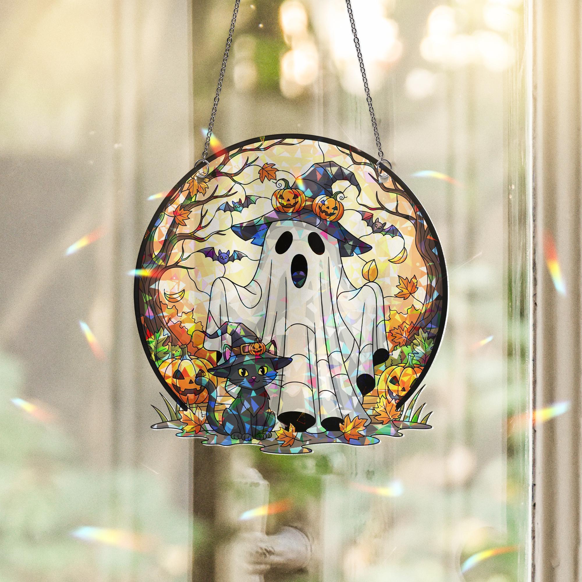 Halloween Ghost Cat Suncatcher – Stained Glass Window Decor, Fall Spooky Hanging Ornament, Witchy Black Cat Gift